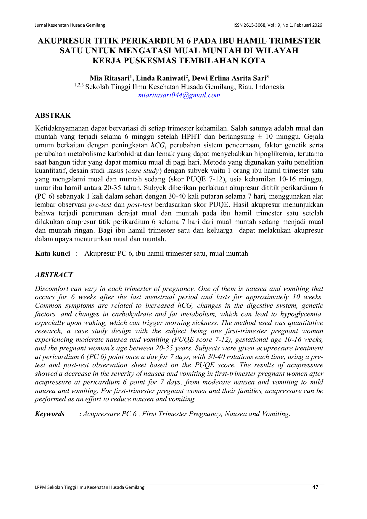 JURIS Akupresur Titik Perikardium 6 Pada Ibu Hamil Trimester Satu Untuk Mengatasi Mual Muntah Di Wilayah Kerja Puskesmas Tembilahan Kota