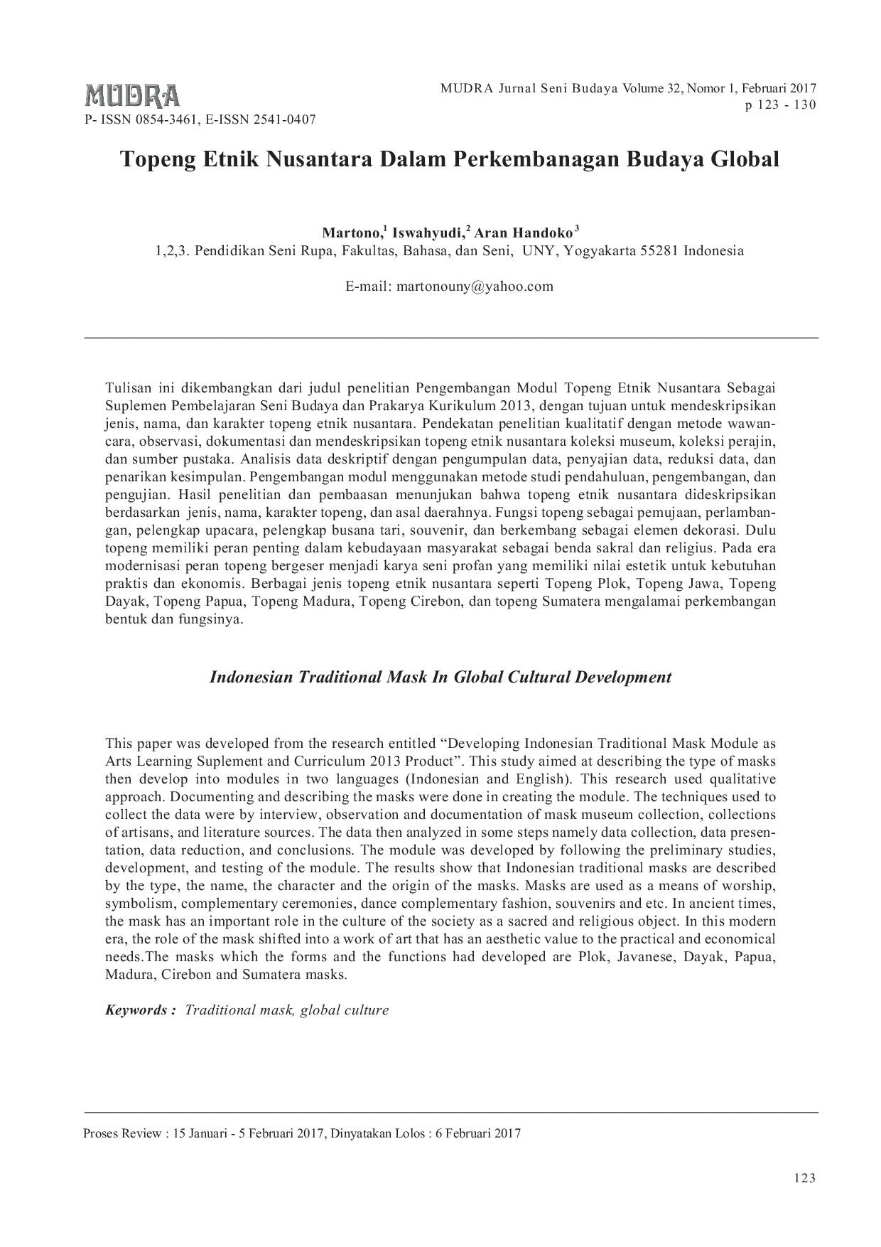 JURIS Topeng Etnik Nusantara Dalam Perkembanagan Budaya Global