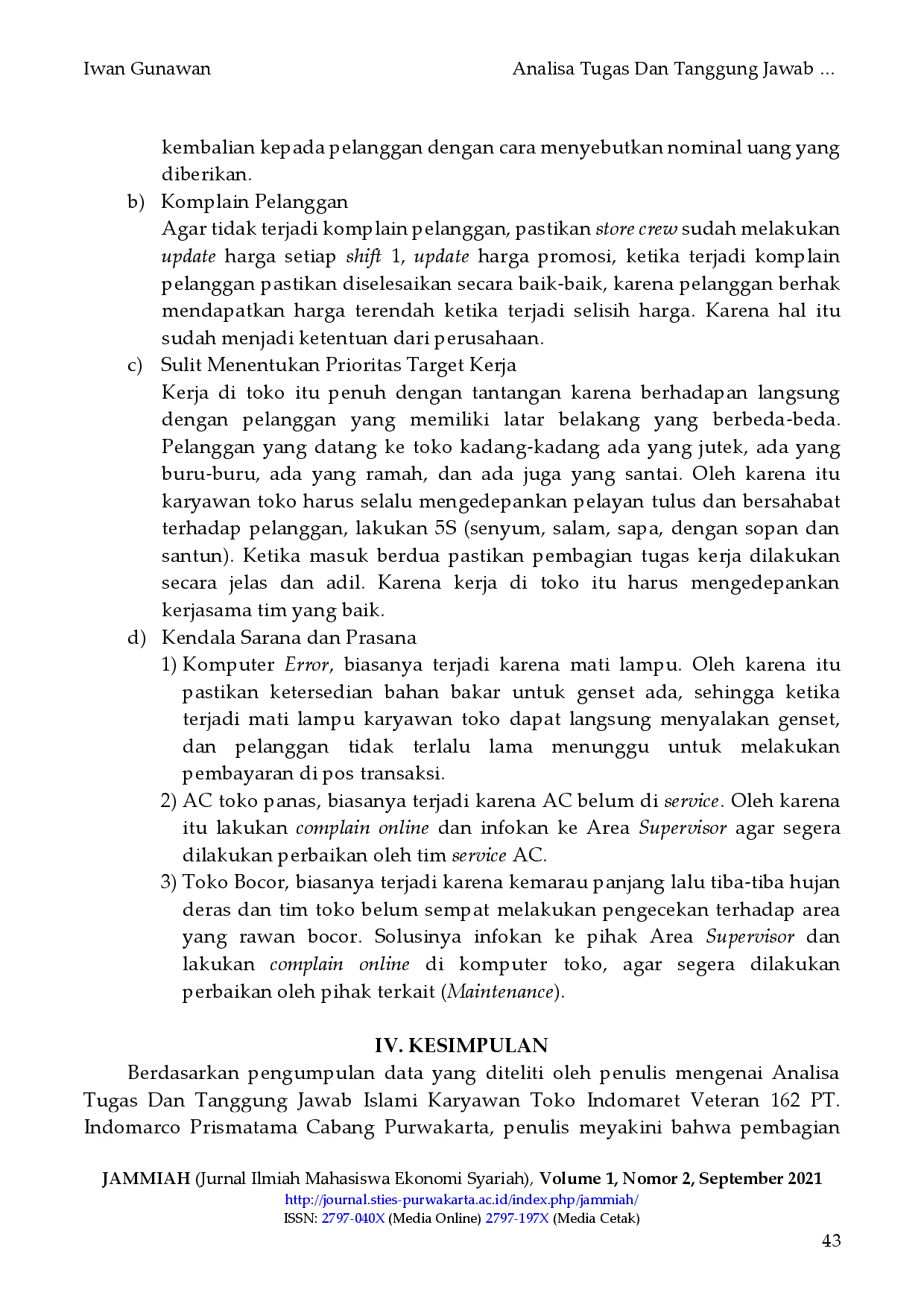 juris Analisis Tugas Dan Tanggung Jawab Islami Pada Karyawan Toko Indomaret Veteran 162 Purwakarta