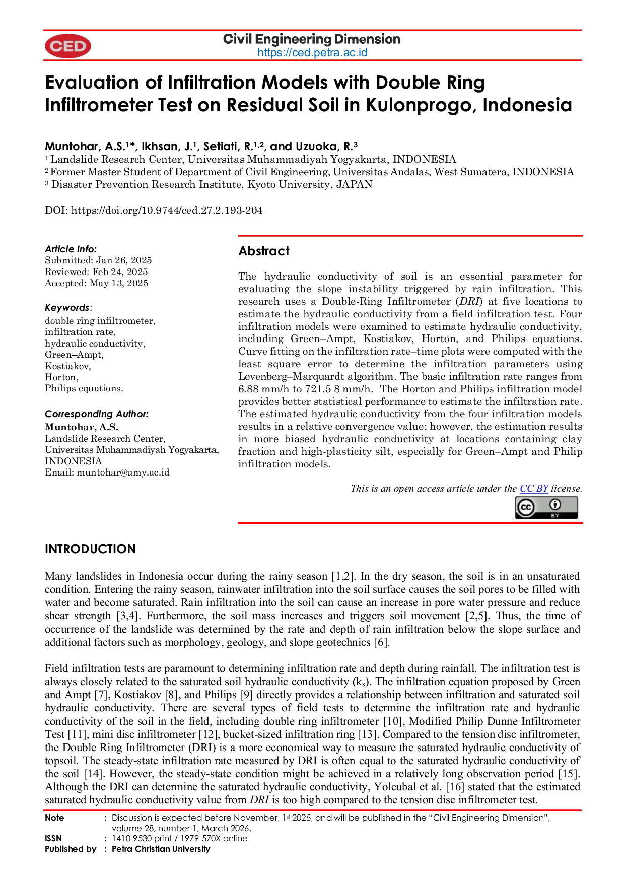 JURIS Evaluation of Infiltration Models with Double Ring Infiltrometer Test on Residual Soil in Kulonprogo Indonesia