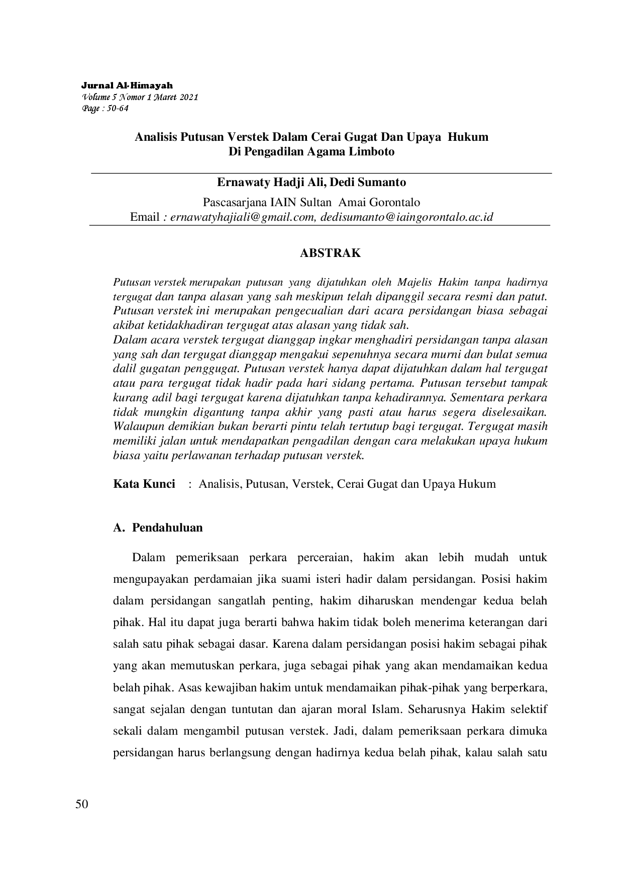 juris Analisis Putusan Verstek Dalam Cerai Gugat Dan Upaya Hukum Di Pengadilan Agama Limboto