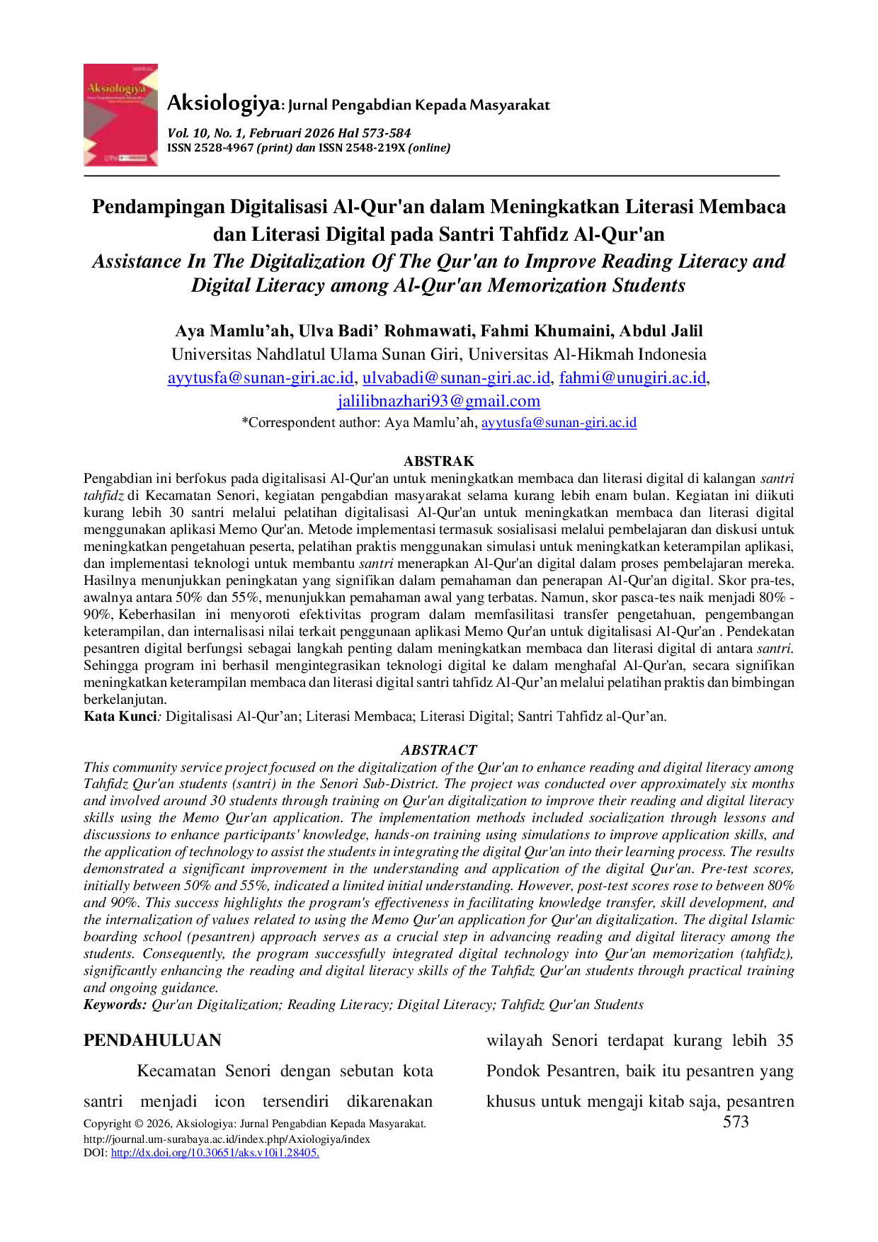 JURIS Pendampingan Digitalisasi Al Qur an Dalam Meningkatkan Literasi Membaca Dan Literasi Digital Pada Santri Tahfidz Al Qur an