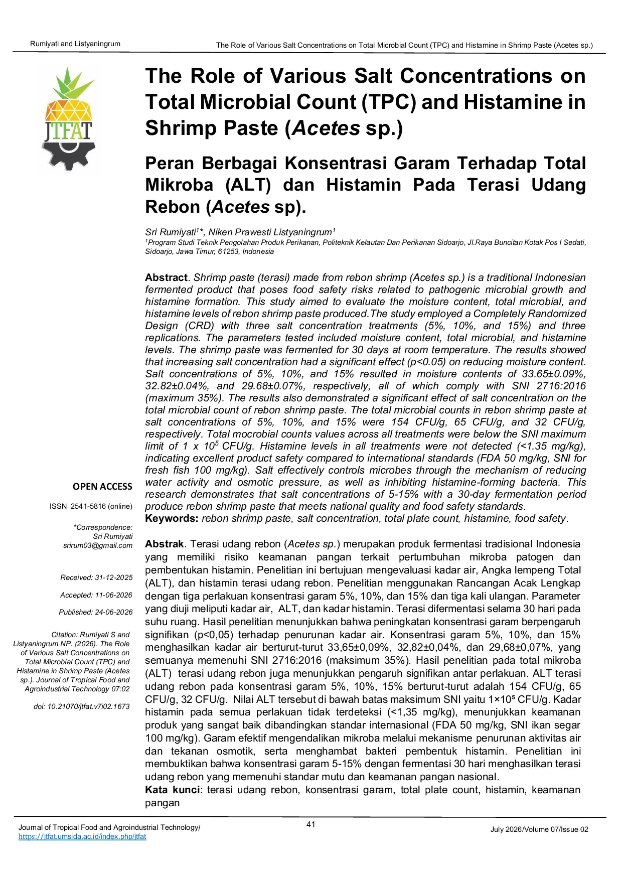 JURIS The Role of Various Salt Concentrations on Total Microbial Count TPC and Histamine in Shrimp Paste Acetes sp Peran Berbagai Konsentrasi Garam Terhadap Total Mikroba ALT dan Histamin Pada Teras
