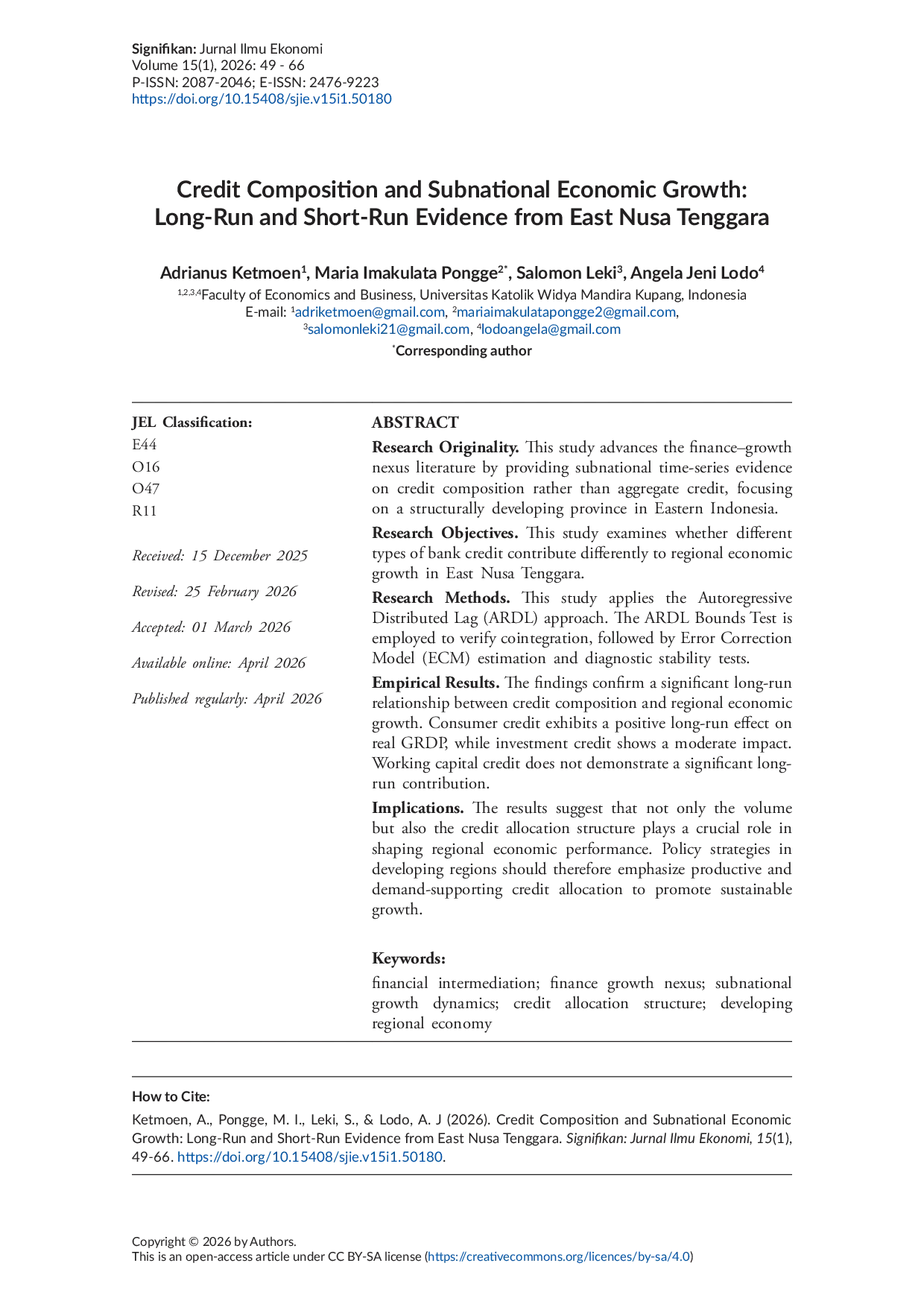 JURIS Credit Composition and Subnational Economic Growth Long Run and Short Run Evidence from East Nusa Tenggara