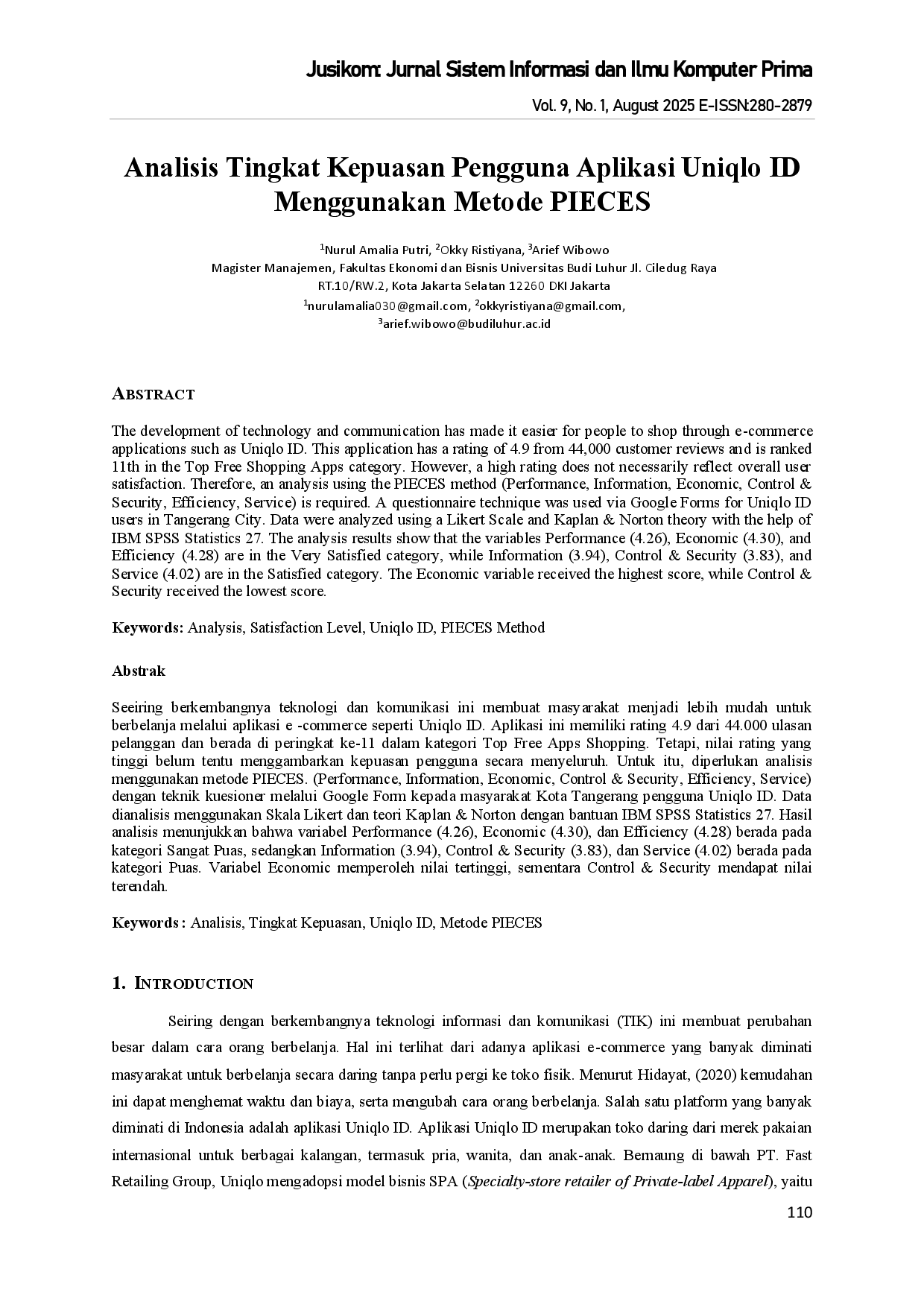 juris Analisis Tingkat Kepuasan Pengguna Aplikasi Uniqlo ID Menggunakan Metode PIECES