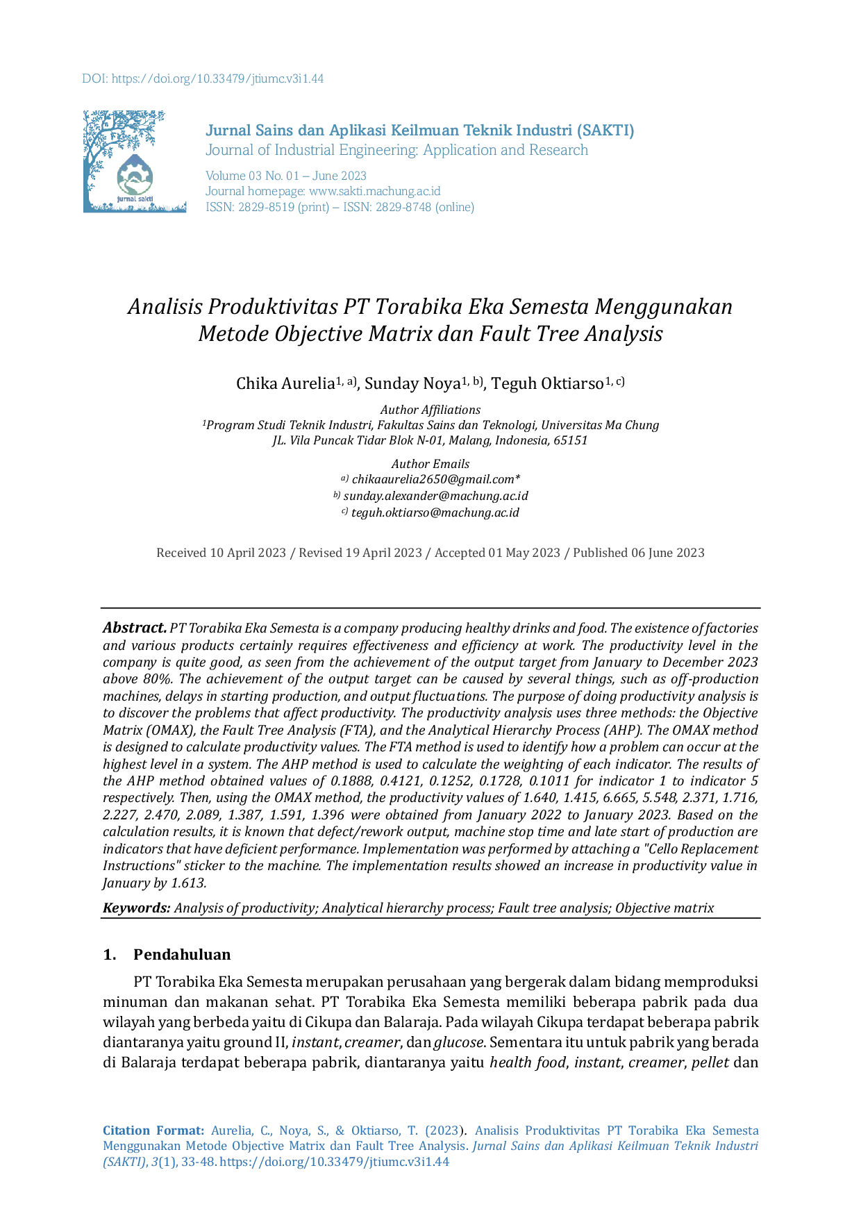 JURIS Analisis Produktivitas PT Torabika Eka Semesta Menggunakan Metode Objective Matrix dan Fault Tree Analysis