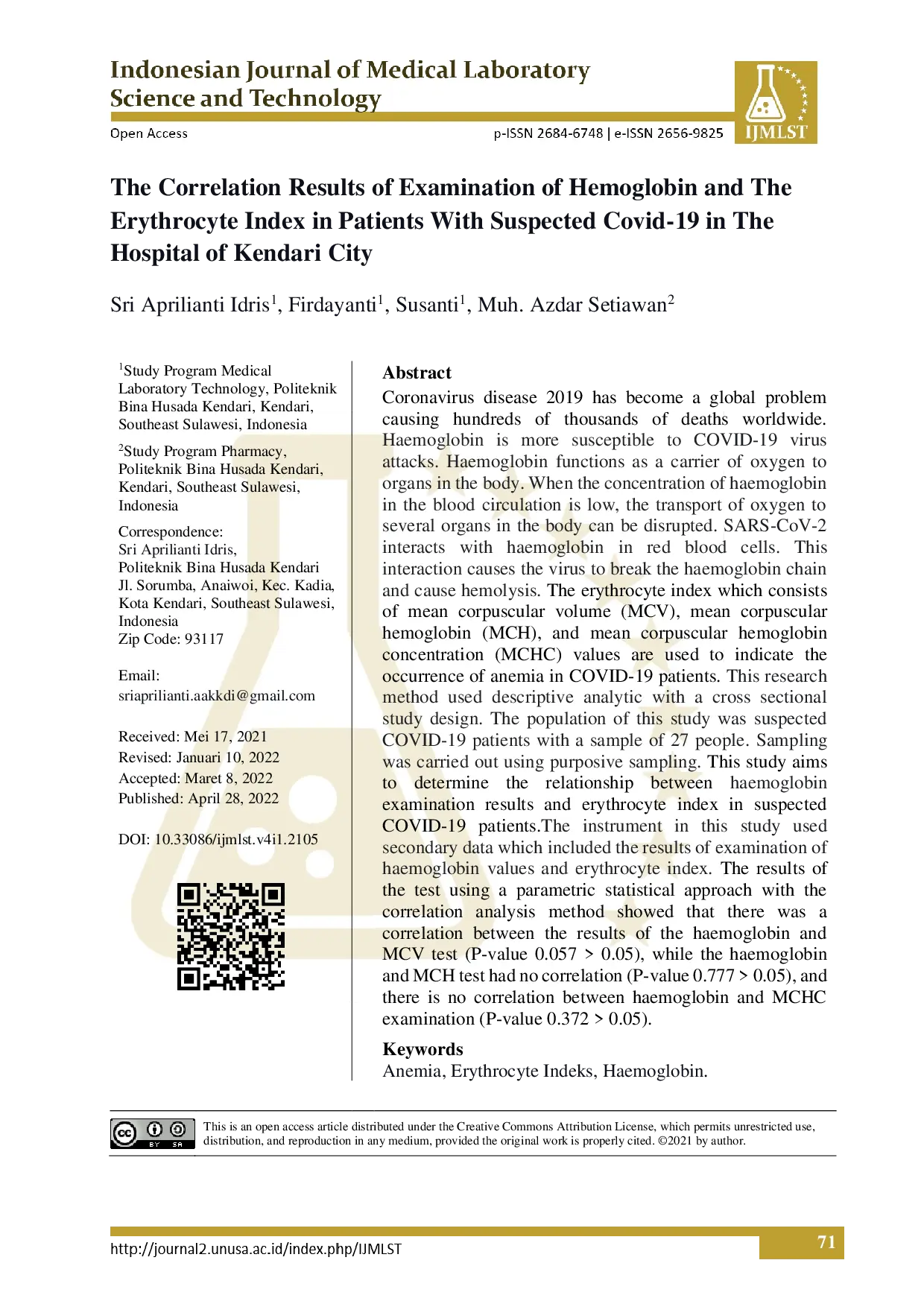 juris The Correlation Results of Examination of Hemoglobin and The Erythrocyte Index in Patients With Suspected Covid 19 in The Hospital of Kendari City