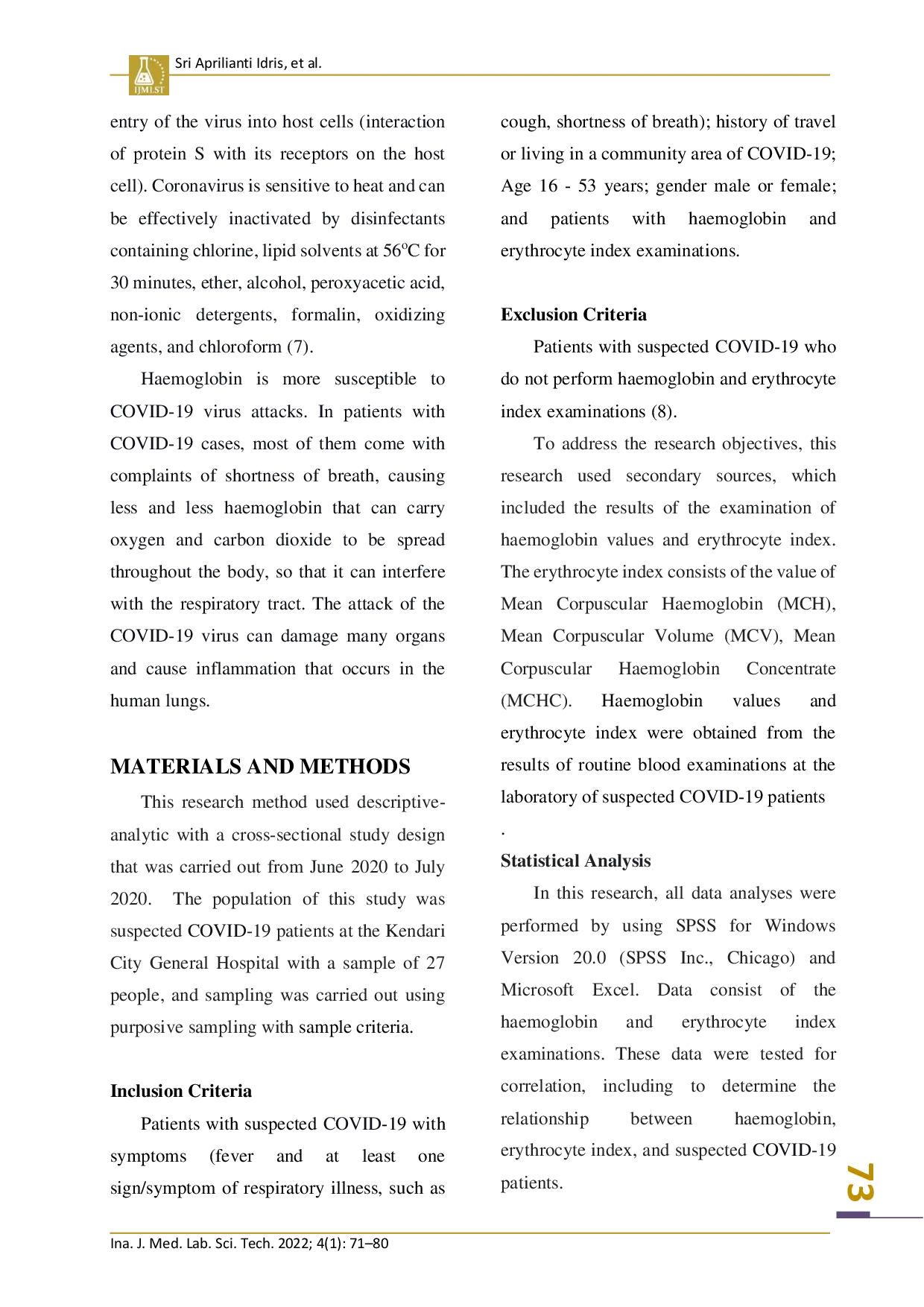 juris The Correlation Results of Examination of Hemoglobin and The Erythrocyte Index in Patients With Suspected Covid 19 in The Hospital of Kendari City