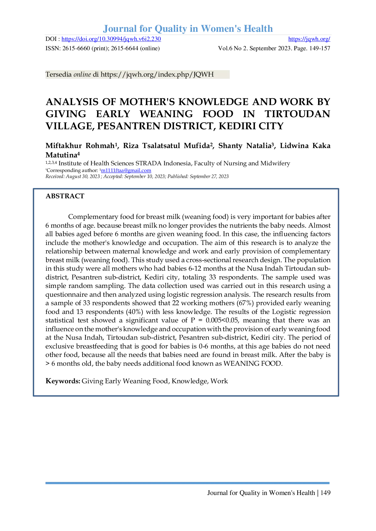 JURIS Analisis Pengetahuan Dan Pekerjaan Ibu Dalam Pemberian Makanan Pendamping ASI Dini Di Desa Tirtoudan Kecamatan Pesantren Kota Kediri