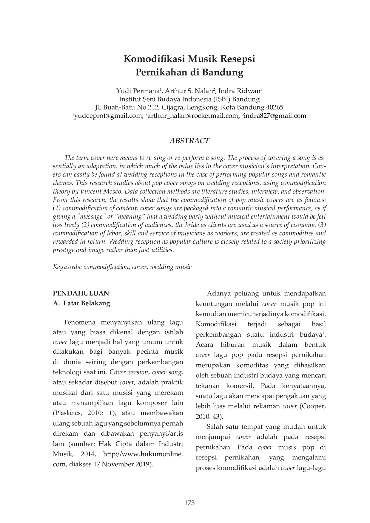 JURIS Komodifikasi Musik Resepsi Pernikahan di Bandung