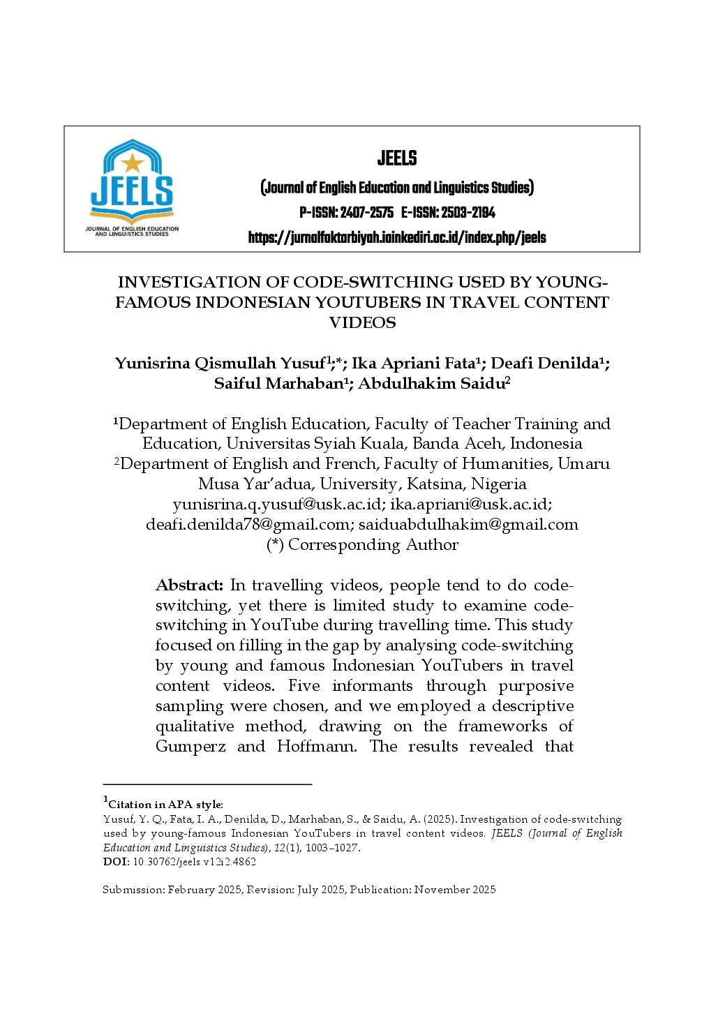 juris Investigation of Code Switching Used by Young Famous Indonesian YouTubers in Travel Content Videos