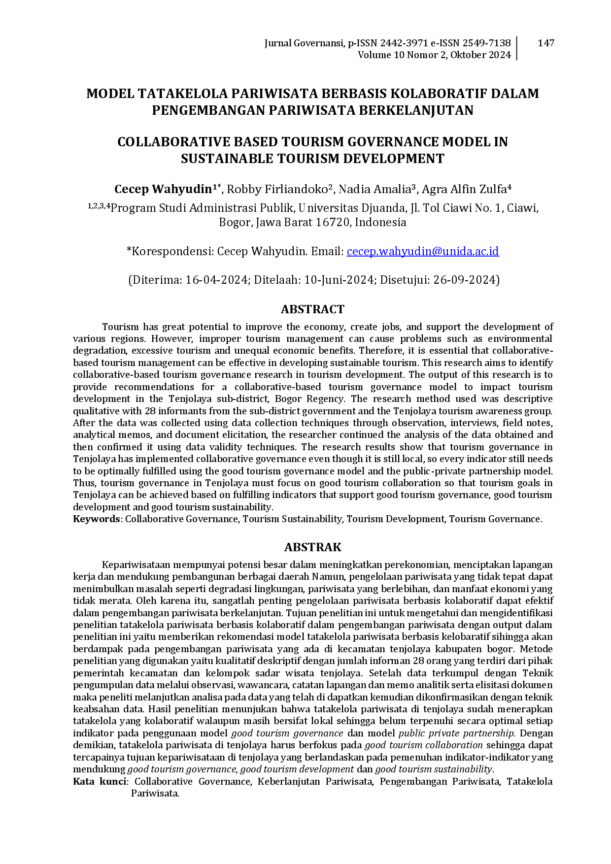 juris Model Tatakelola Pariwisata Berbasis Kolaboratif Dalam Pengembangan Pariwisata Berkelanjutan