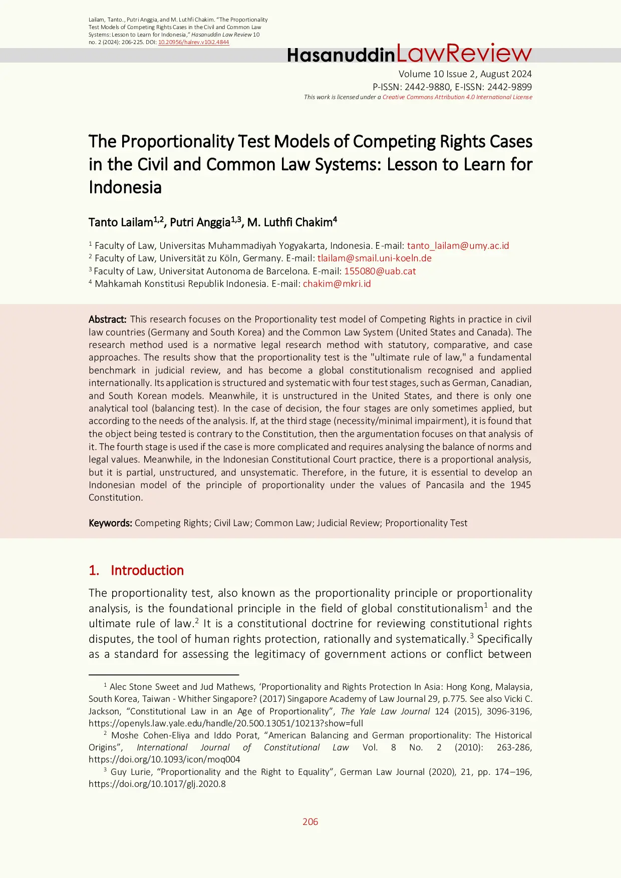 JURIS The Proportionality Test Models of Competing Rights Cases in the Civil and Common Law Systems Lesson to Learn for Indonesia