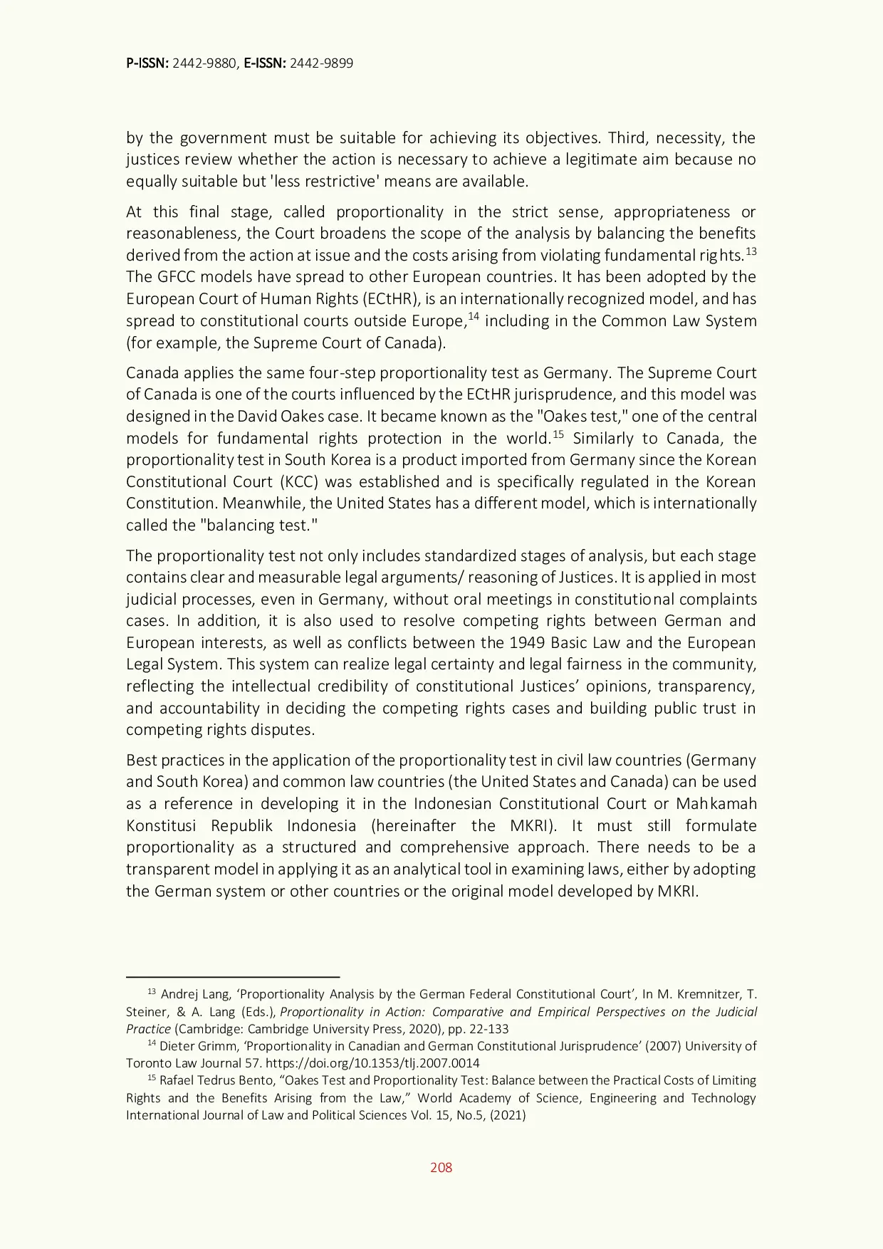 JURIS The Proportionality Test Models of Competing Rights Cases in the Civil and Common Law Systems Lesson to Learn for Indonesia