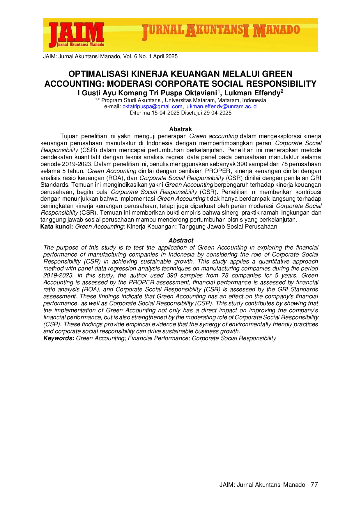 JURIS Optimalisasi Kinerja Keuangan Melalui Green Accounting Moderasi Corporate Social Responsibility
