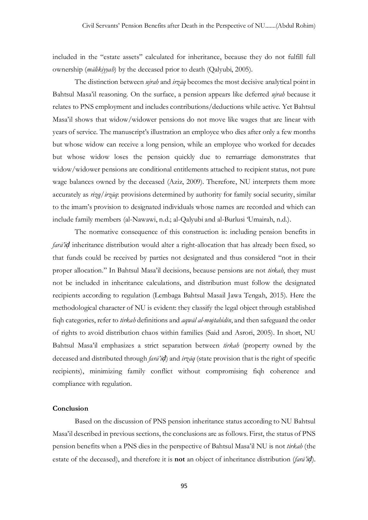 JURIS Civil Servants Pension Benefits after Death in the Perspective of NU Bahtsul Masa il Reconstructing Status between Tirkah Ujrah and Irzaq