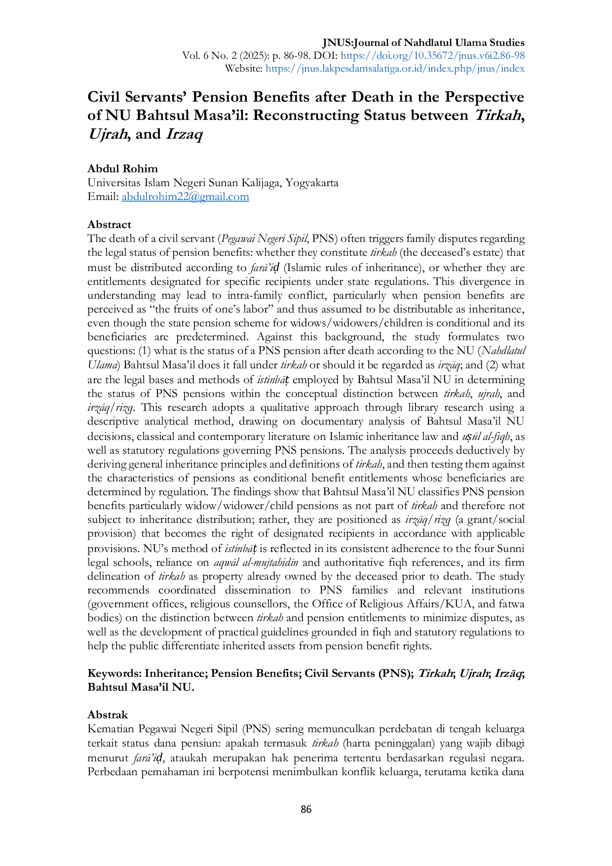 JURIS Civil Servants Pension Benefits after Death in the Perspective of NU Bahtsul Masa il Reconstructing Status between Tirkah Ujrah and Irzaq