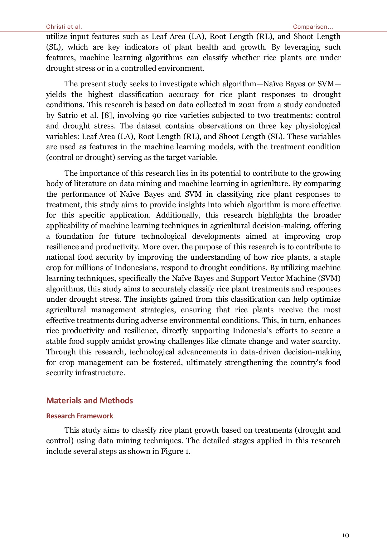 JURIS Comparison Na ve Bayes and SVM to Classify Drought Infected Rice Plants Based on Morphological Characteristics in Supporting National Food Security
