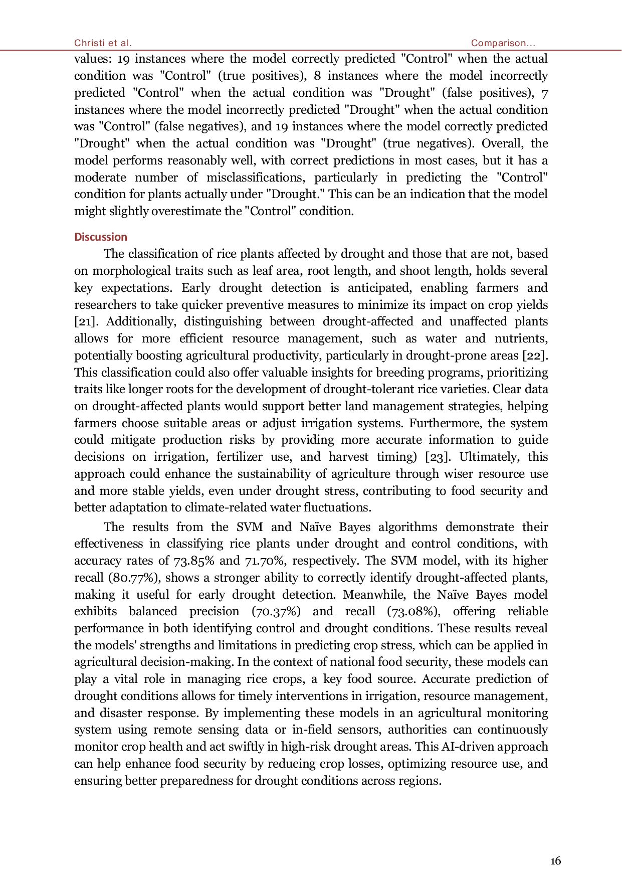 JURIS Comparison Na ve Bayes and SVM to Classify Drought Infected Rice Plants Based on Morphological Characteristics in Supporting National Food Security