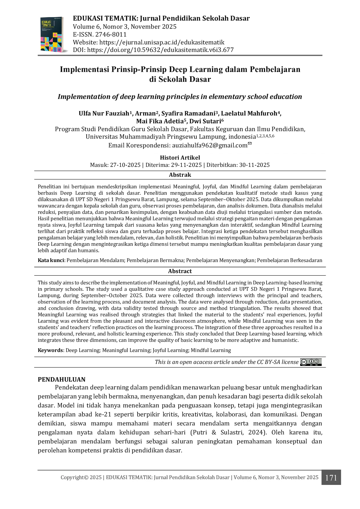 JURIS Implementasi Prinsip Prinsip Deep Learning dalam Pembelajaran di Sekolah Dasar