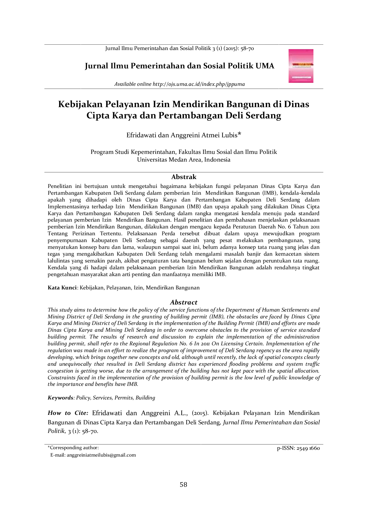 JURIS Kebijakan Pelayanan Izin Mendirikan Bangunan di Dinas Cipta Karya dan Pertambangan Deli Serdang