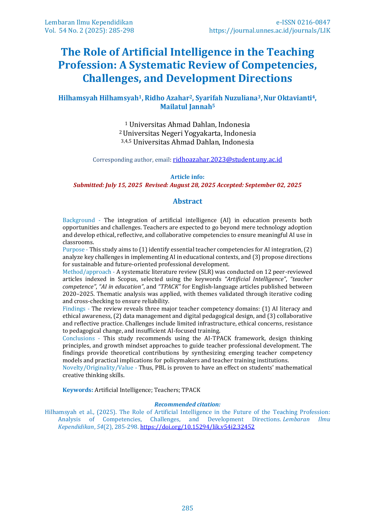 JURIS The Role of Artificial Intelligence in the Teaching Profession A Systematic Review of Competencies Challenges and Development Directions