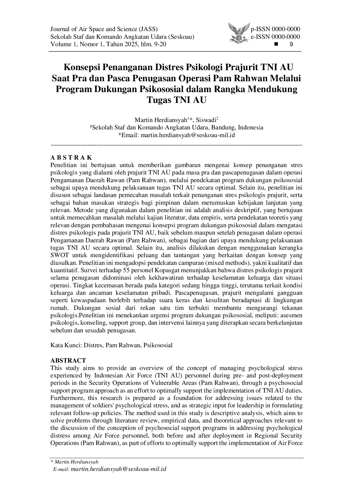 juris Konsepsi Penanganan Distres Psikologi Prajurit TNI AU Saat Pra dan Pasca Penugasan Operasi Pam Rahwan Melalui Program Dukungan Psikososial dalam Rangka Mendukung Tugas TNI AU