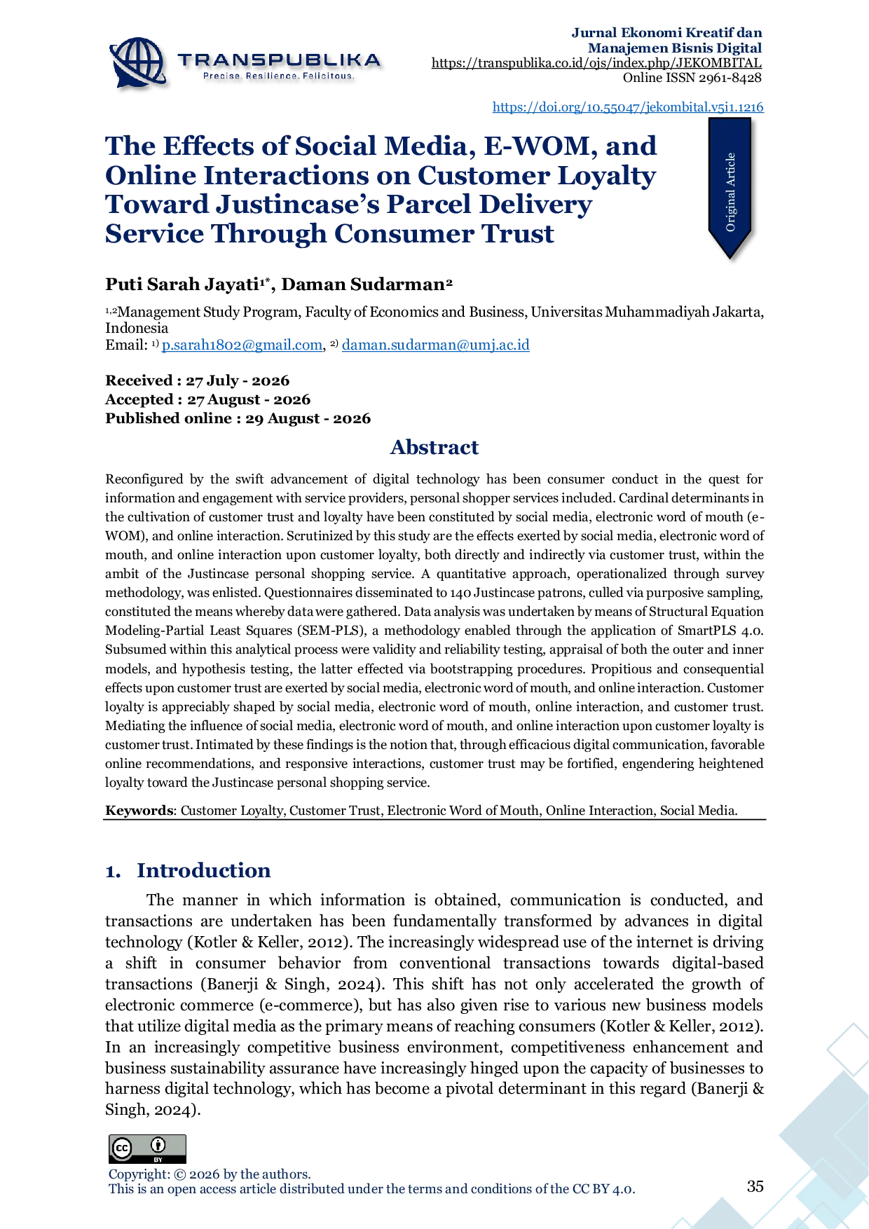 JURIS The Effects of Social Media E WOM and Online Interactions on Customer Loyalty Toward Justincase s Parcel Delivery Service Through Consumer Trust