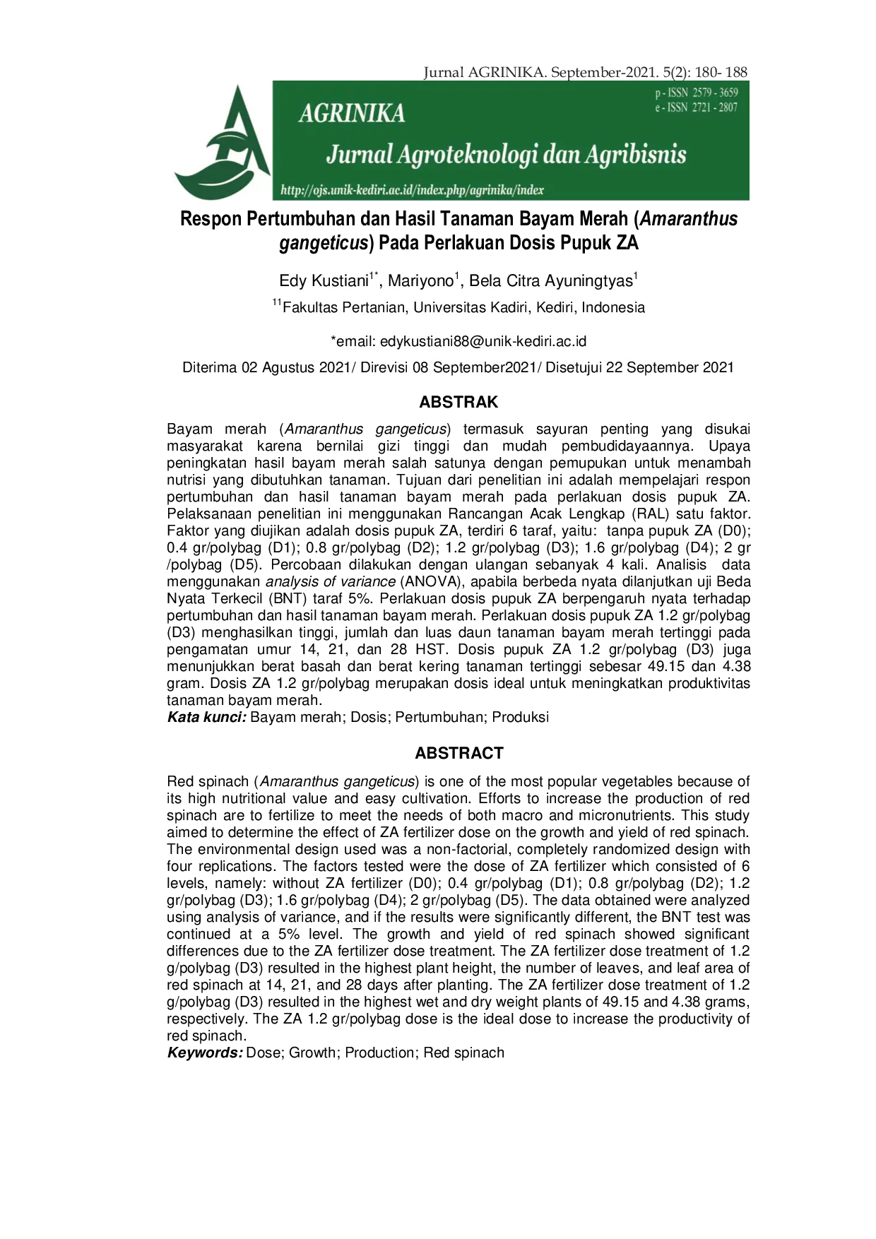 JURIS Respon Pertumbuhan dan Hasil Tanaman Bayam Merah Amaranthus gangeticus Pada Perlakuan Dosis Pupuk ZA
