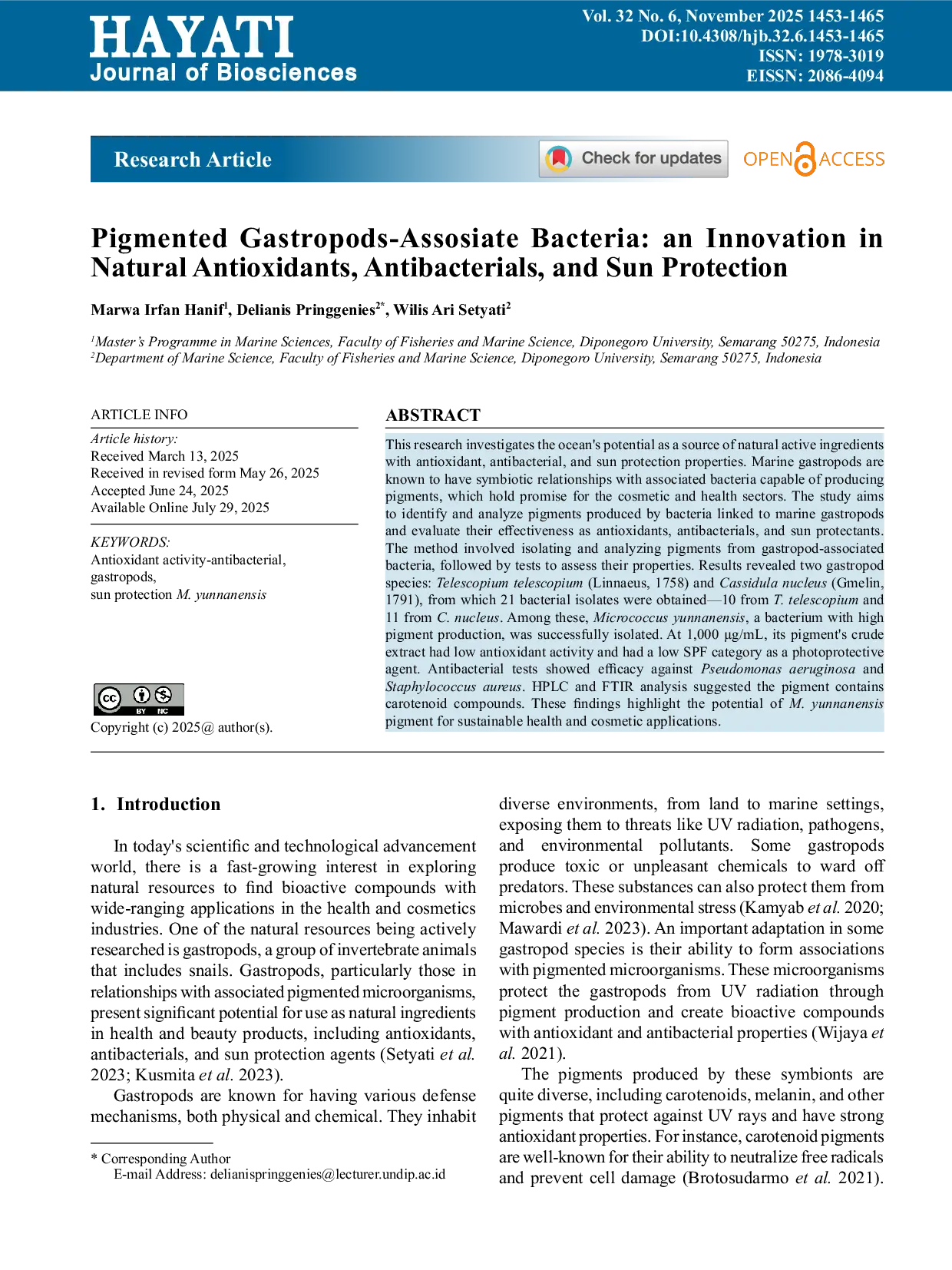 JURIS Pigmented Gastropods Assosiate Bacteria an Innovation in Natural Antioxidants Antibacterials and Sun Protection