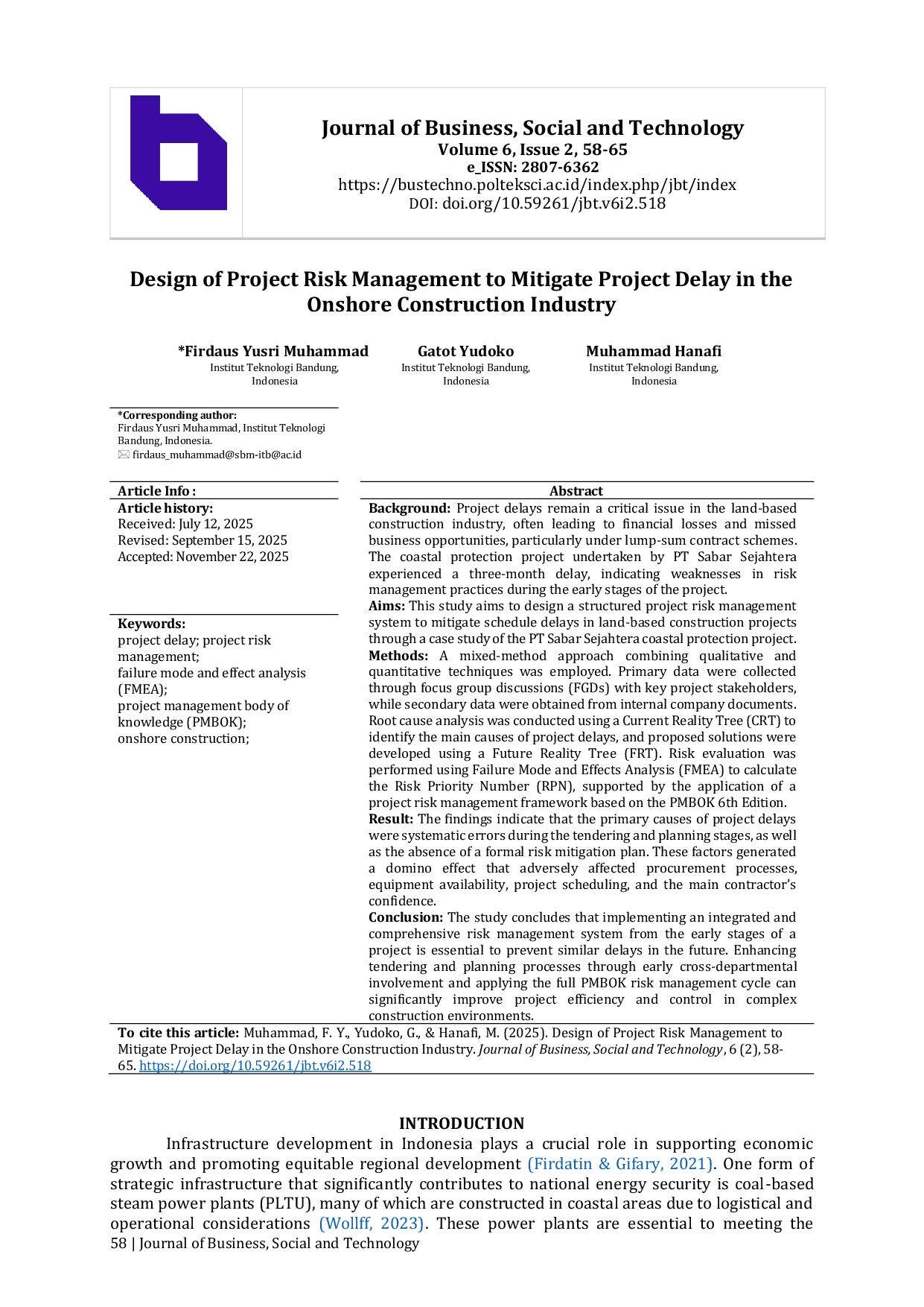 JURIS Design of Project Risk Management to Mitigate Project Delay in the Onshore Construction Industry