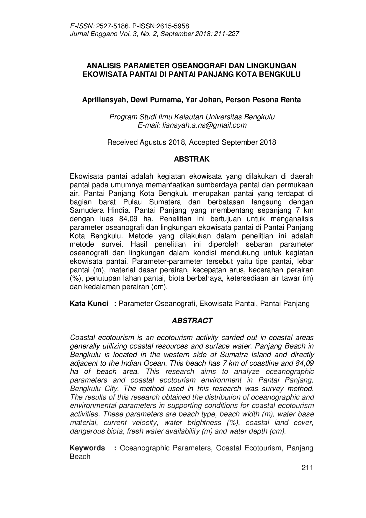 JURIS Analisis Parameter Oseanografi Dan Lingkungan Ekowisata Pantai Di Pantai Panjang Kota Bengkulu