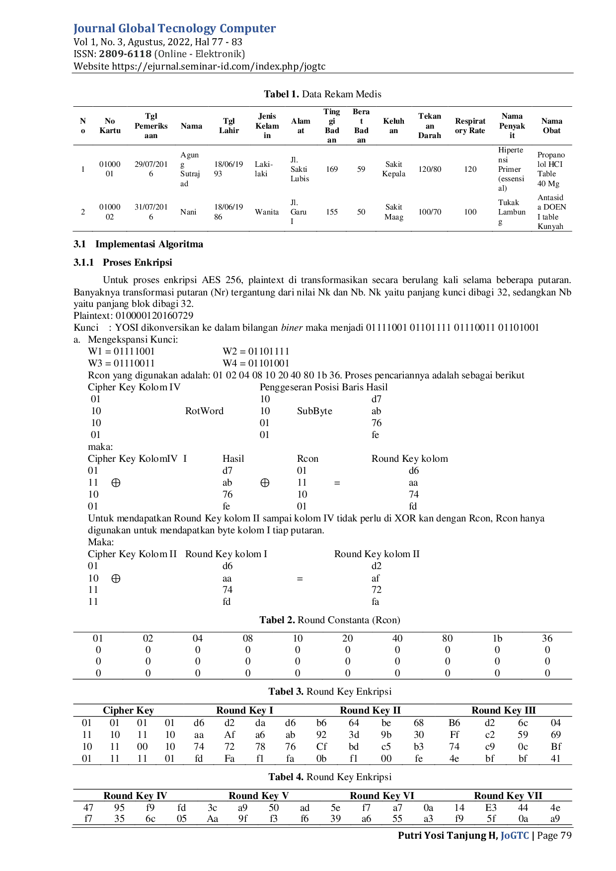 JURIS Penerapan Algoritma Aes 625 Dalam Pengamanan Data Rekam Medis