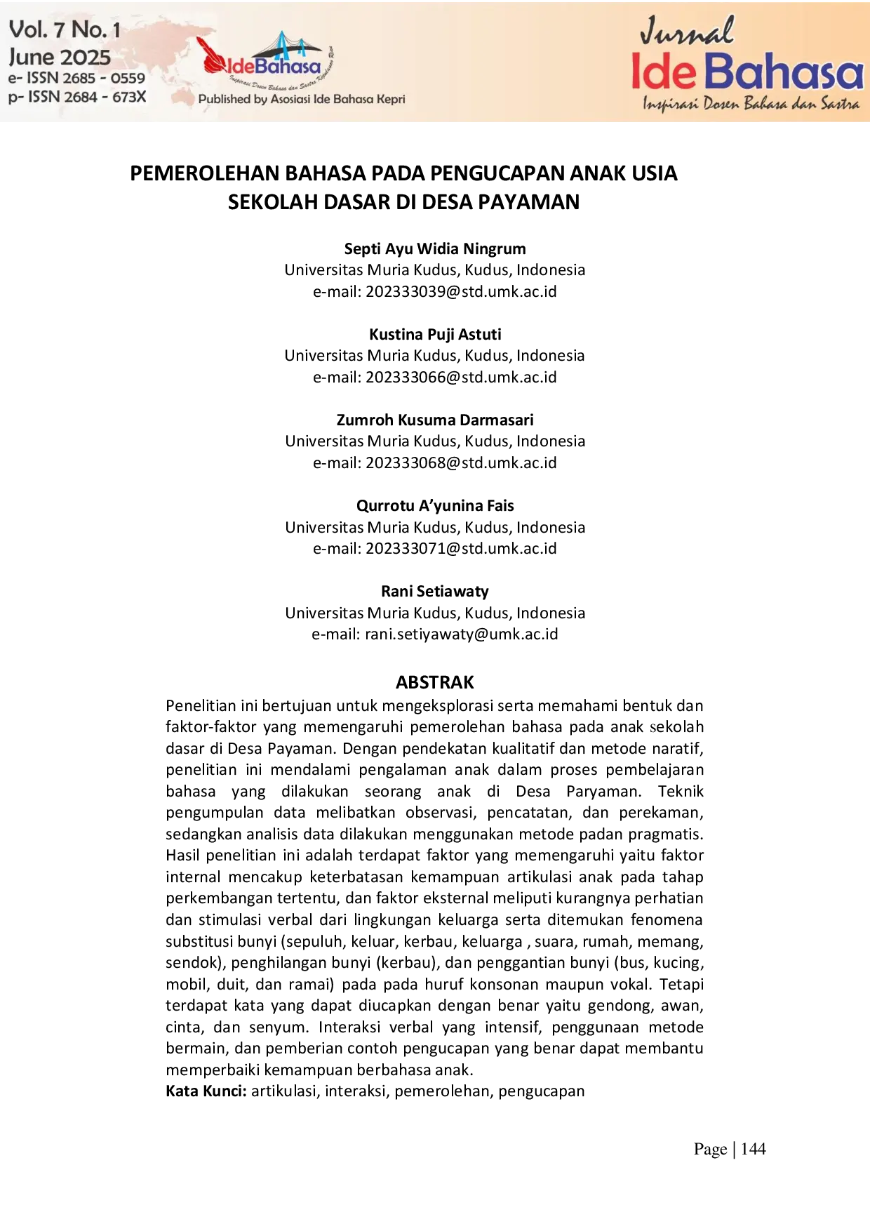 JURIS Pemerolehan Bahasa pada Pengucapan Anak Usia Sekolah Dasar di Desa Payaman