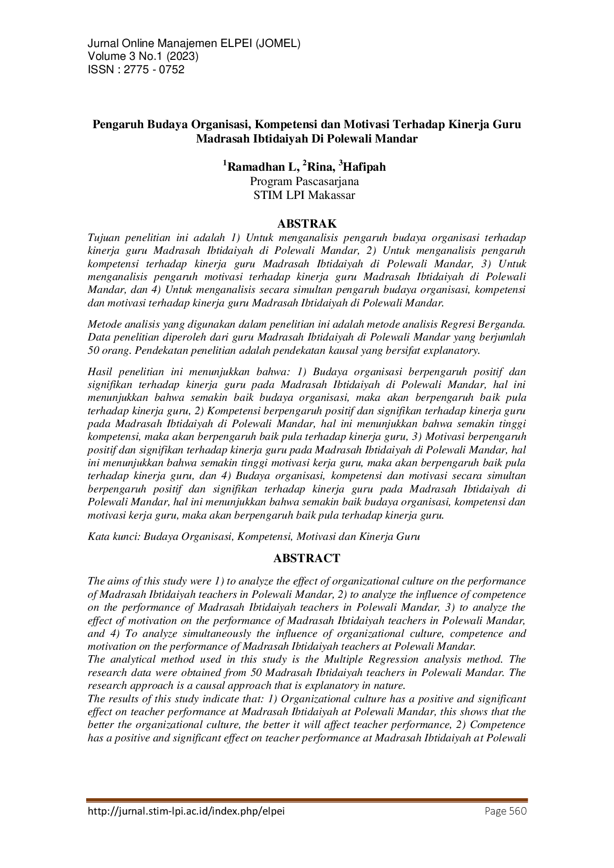juris Pengaruh Budaya Organisasi Kompetensi dan Motivasi Terhadap Kinerja Guru Madrasah Ibtidaiyah di Polewali Mandar