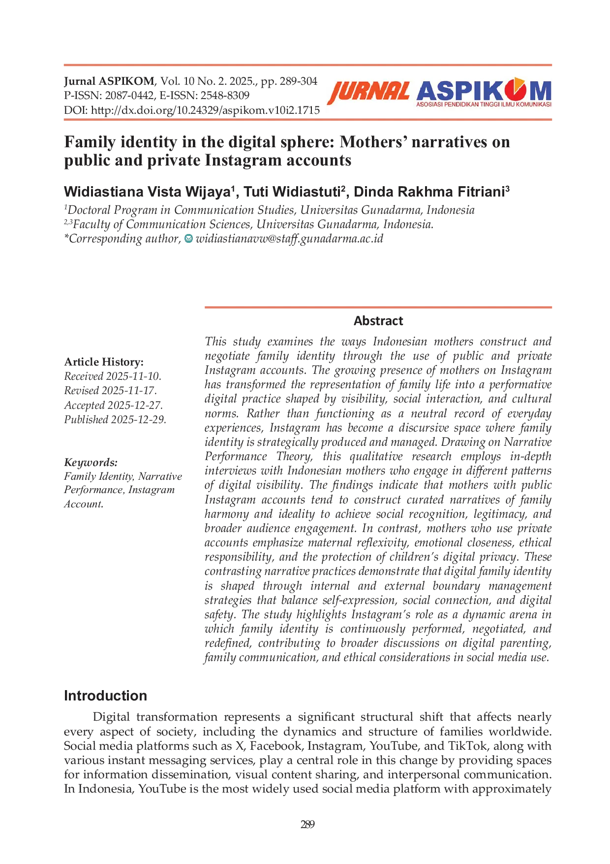 JURIS Family identity in the digital sphere Mothers narratives on public and private Instagram accounts