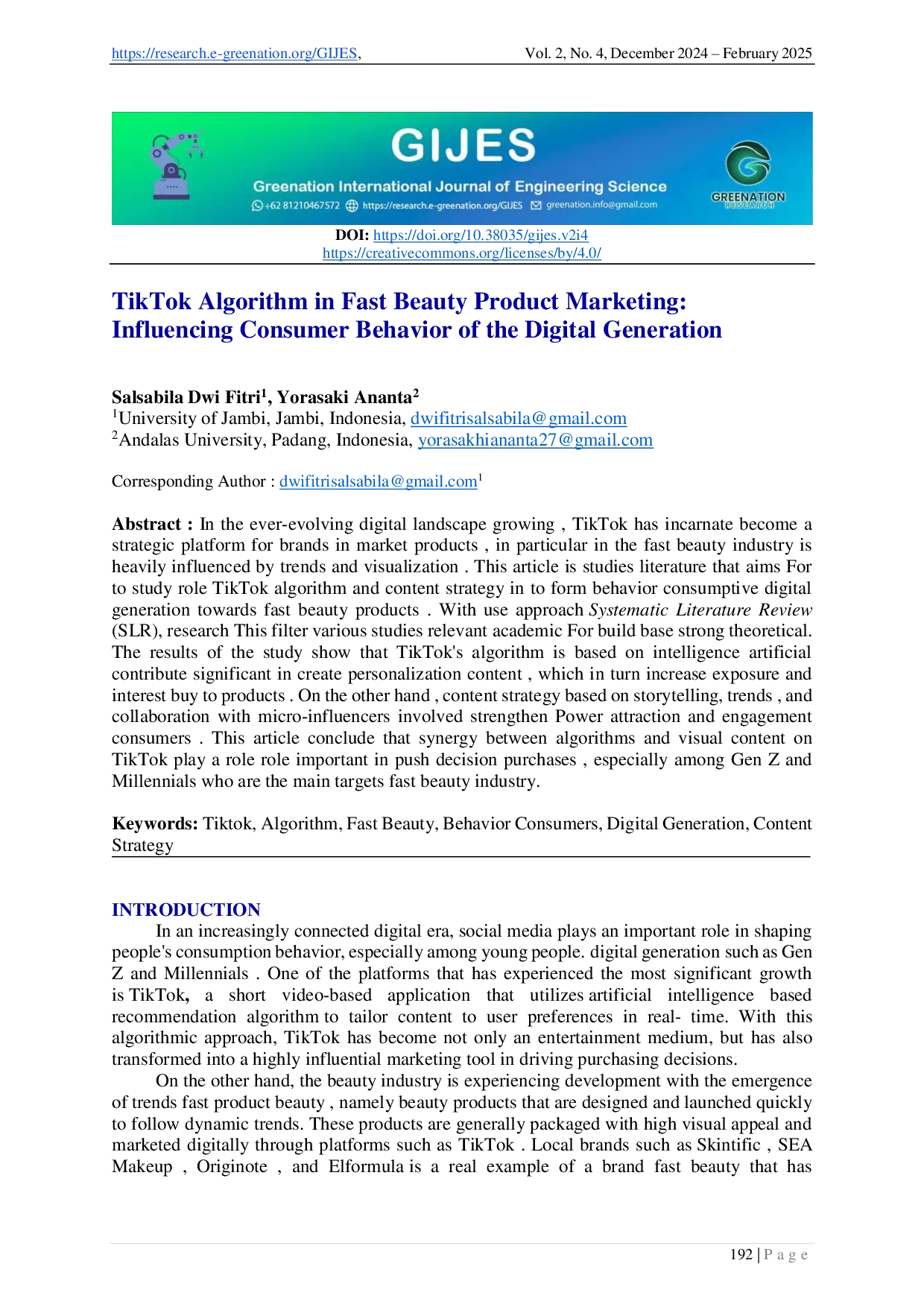JURIS TikTok Algorithm in Fast Beauty Product Marketing Influencing Consumer Behavior of the Digital Generation