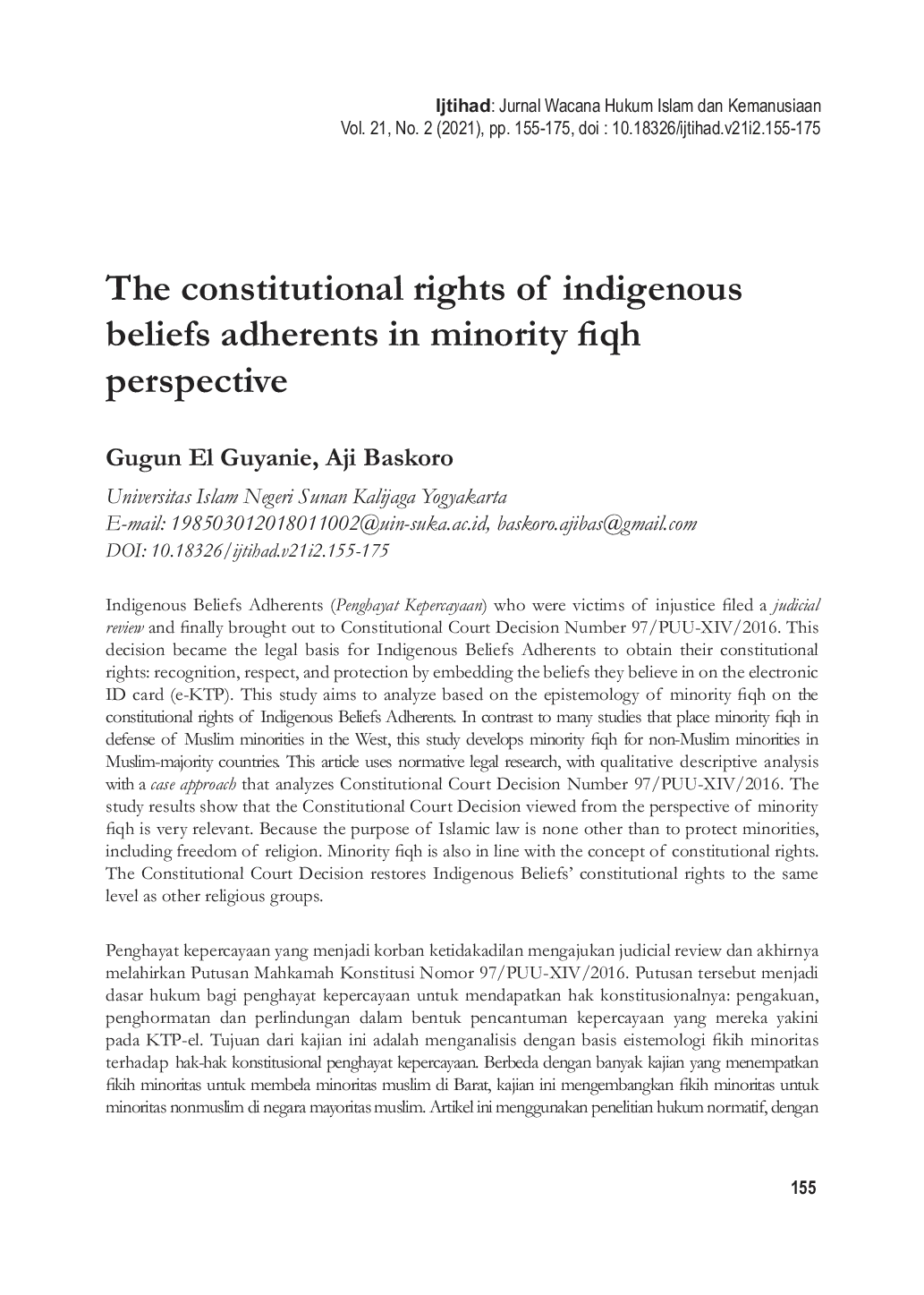 JURIS The constitutional rights of indigenous beliefs adherents in minority fiqh perspective