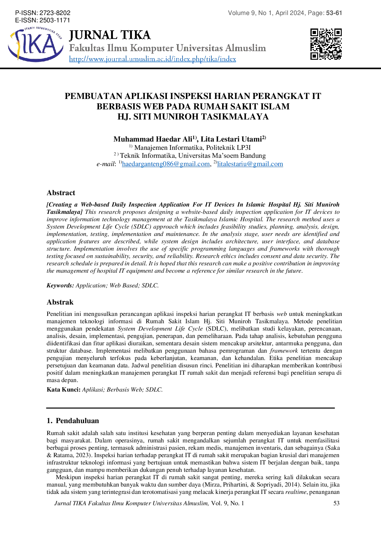 JURIS Creating a Web based Daily Inspection Application For IT Devices In Islamic Hospital Hj Siti Muniroh Tasikmalaya