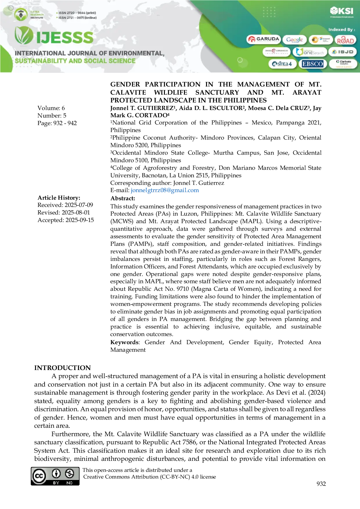 JURIS Gender Participation in the Management of MT Calavite Wildlife Sanctuary and Mt Arayat Protected Landscape in the Philippines