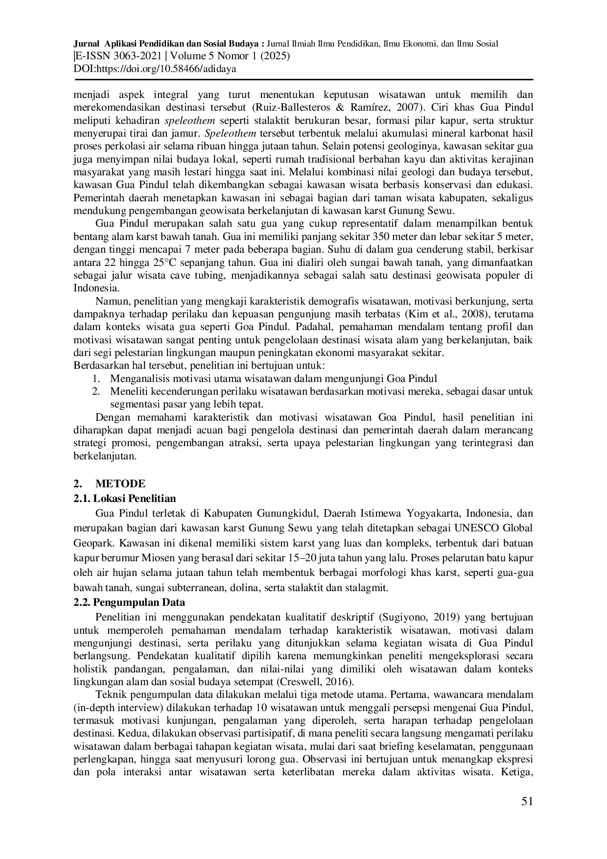 JURIS Wisata Goa Pindul Sebagai Daya Tarik Minat Wisatawan Studi Tentang Karakteristik dan Motivasi