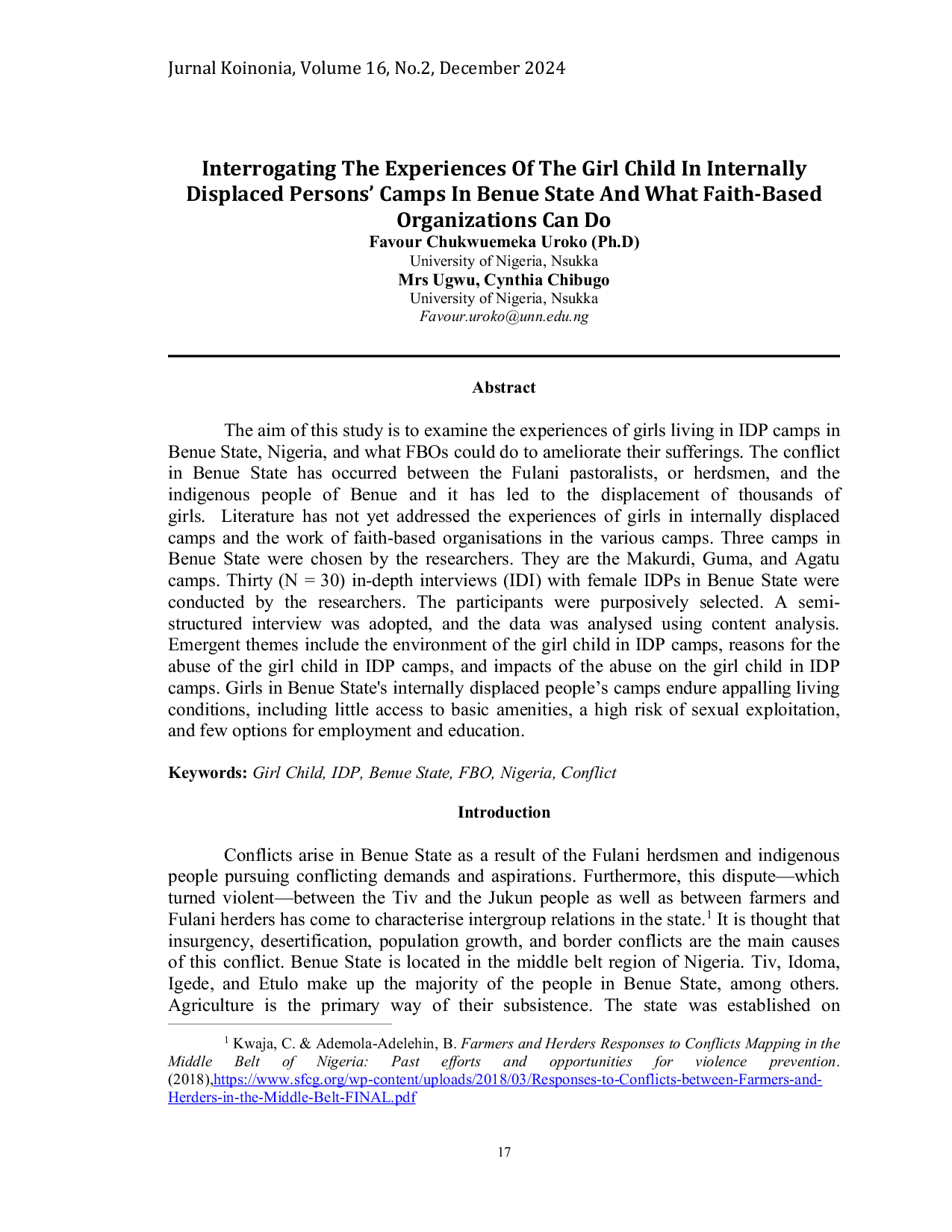 JURIS Interrogating The Experiences Of The Girl Child In Internally Displaced Persons Camps In Benue State And What Faith Based Organizations Can Do