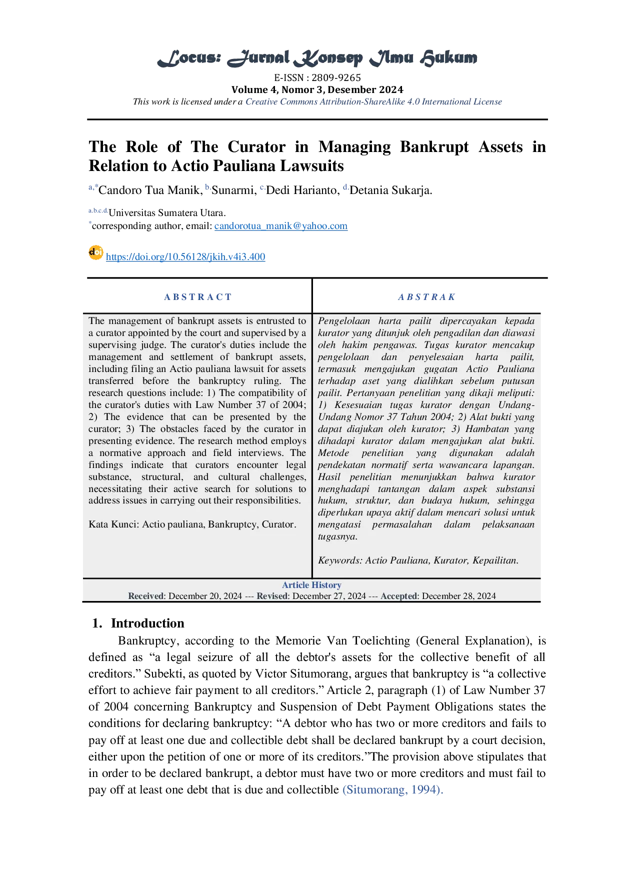 JURIS The Role of The Curator in Managing Bankrupt Assets in Relation to Actio Pauliana Lawsuits