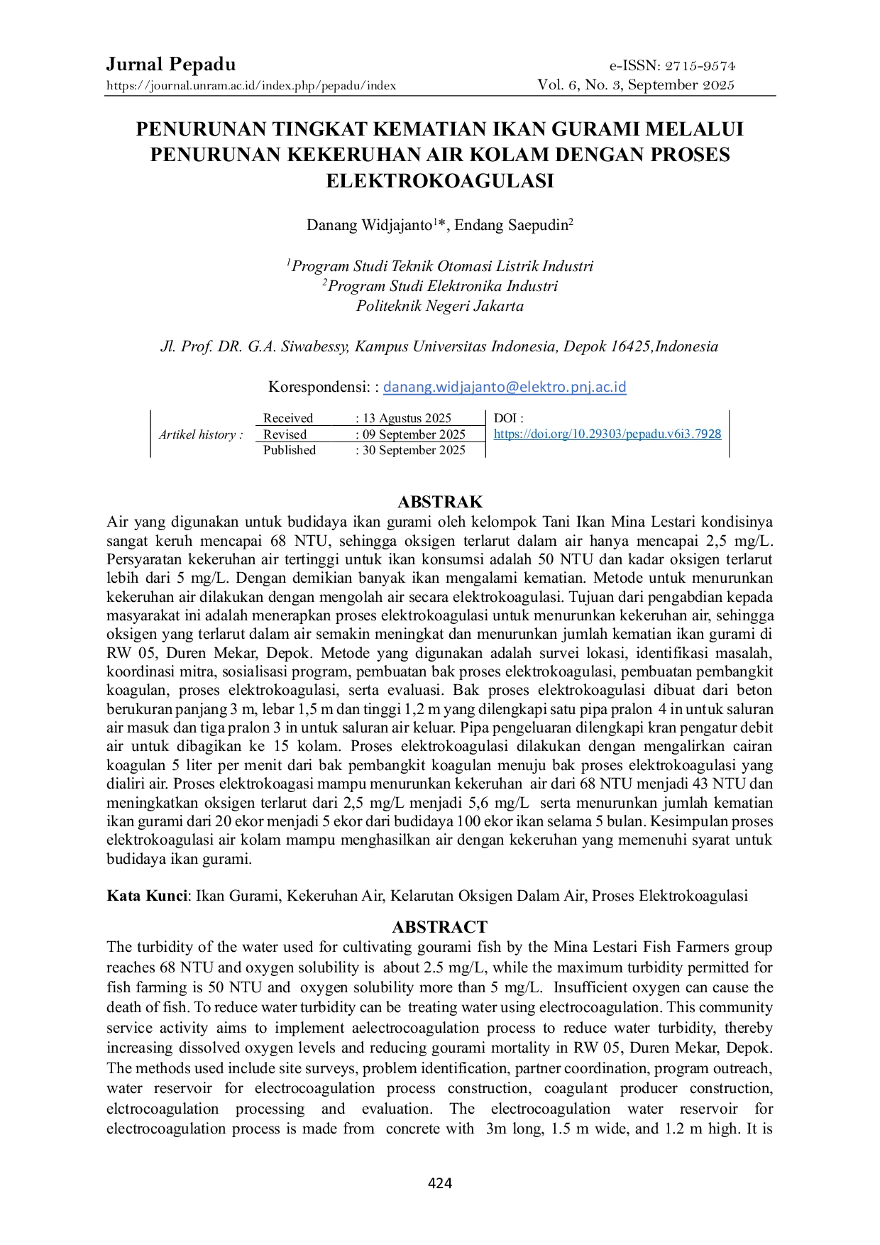 JURIS Penurunan Tingkat Kematian Ikan Gurami Melalui Penurunan Kekeruhan Air Kolam Dengan Proses Elektrokoagulasi
