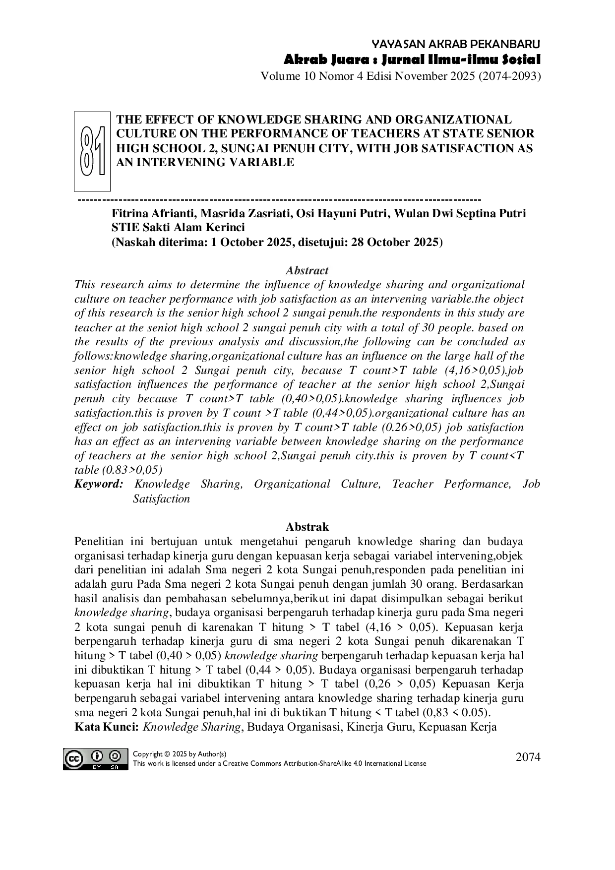 JURIS The Effect Of Knowledge Sharing And Organizational Culture On The Performance Of Teachers At State Senior High School 2 Sungai Penuh City With Job Satisfaction As An Intervening Variable