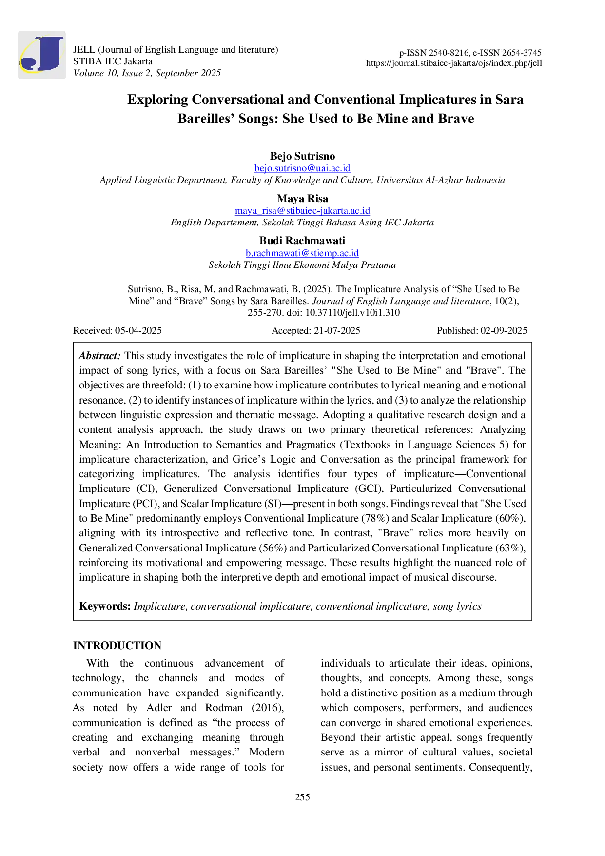 JURIS Exploring Conversational and Conventional Implicatures in Sara Bareilles Songs She Used to Be Mine and Brave