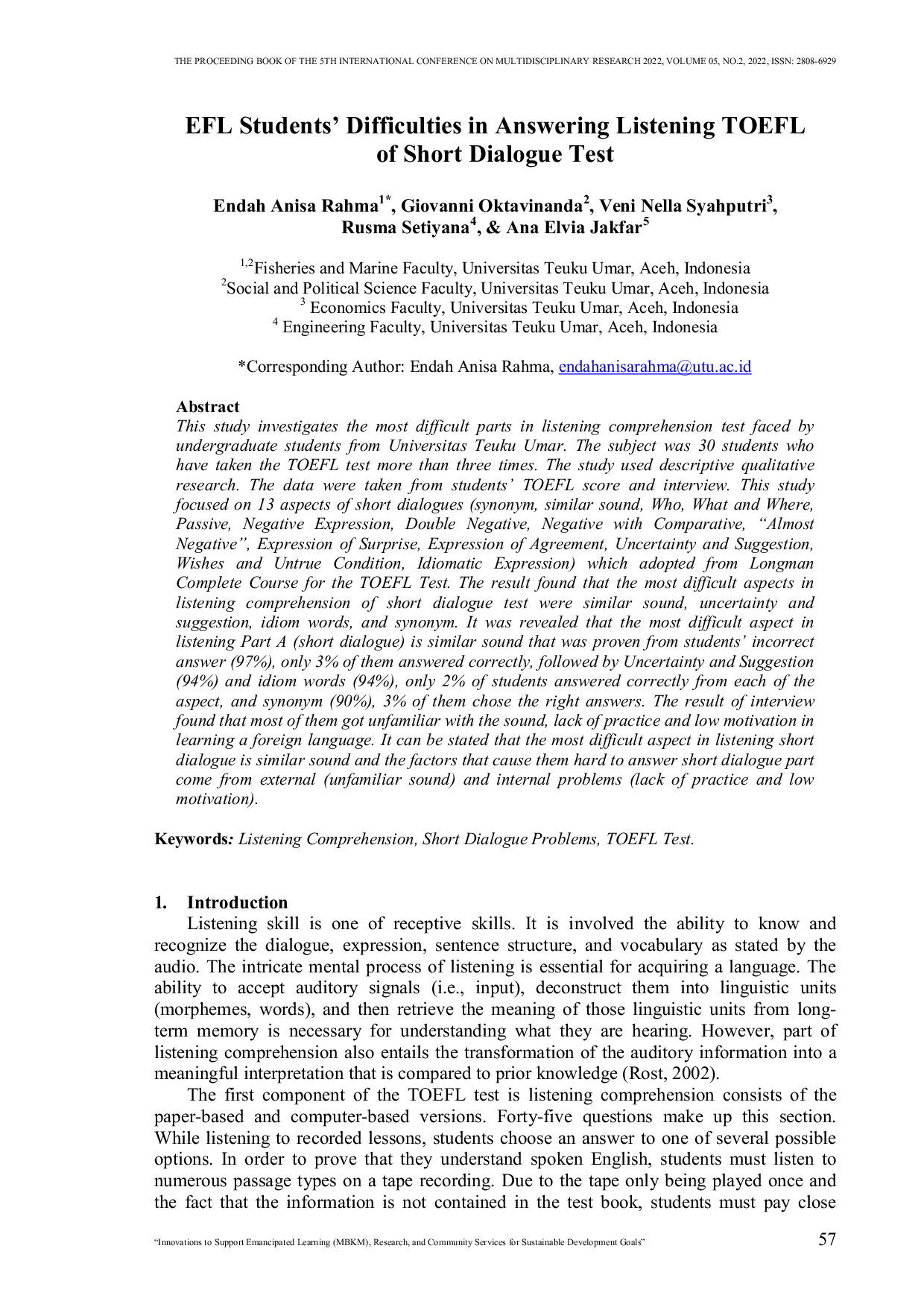 JURIS EFL Students Difficulties in Answering Listening TOEFL of Short Dialogue Test