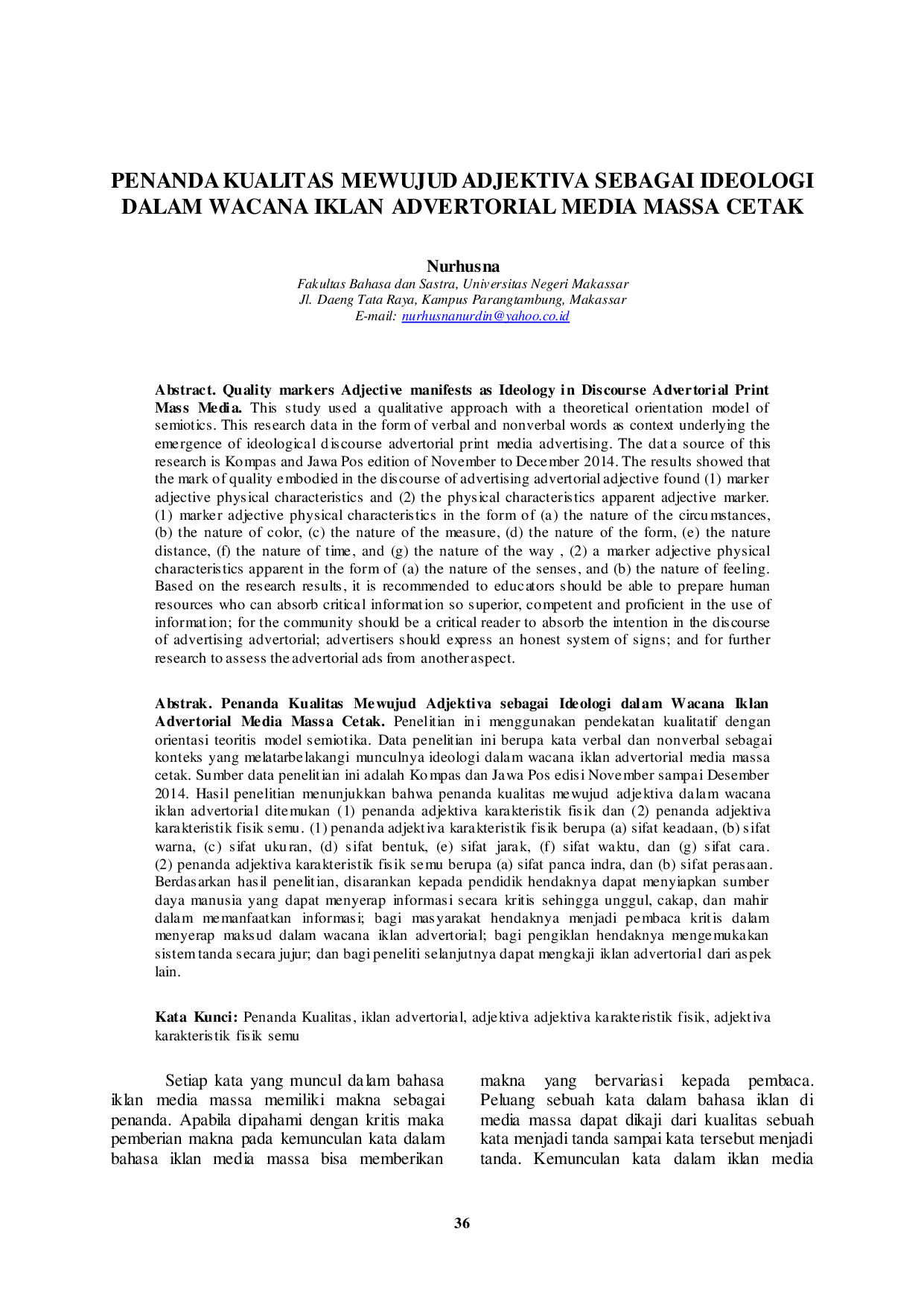 JURIS Penanda Kualitas Mewujud Adjektiva sebagai Ideologi dalam Wacana Iklan Advertorial Media Massa Cetak