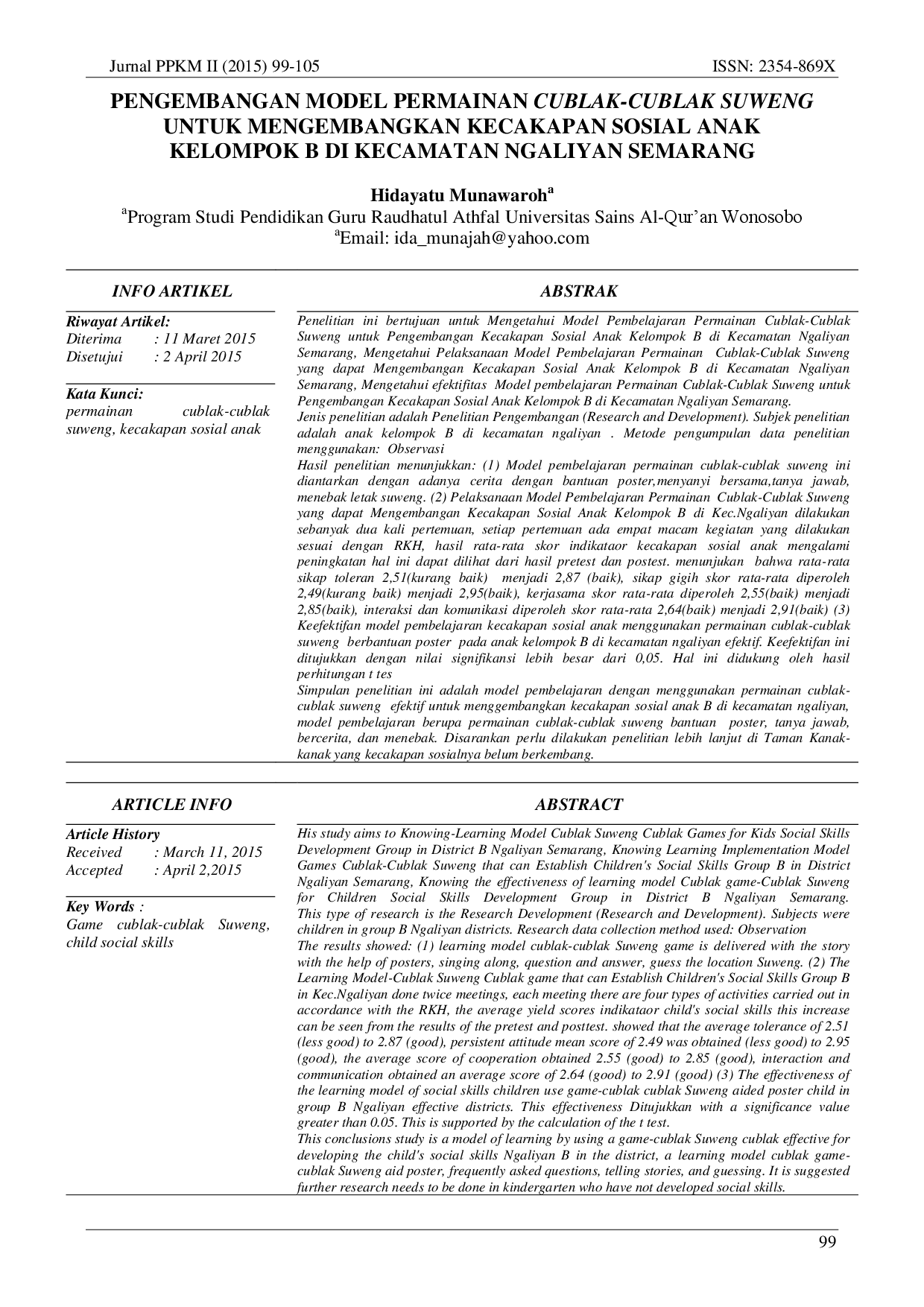 juris Pengembangan Model Permainan Cublak Cublak Suweng Untuk Mengembangkan Kecakapan Sosial Anak Kelompok B Di Kecamatan Ngaliyan Semarang