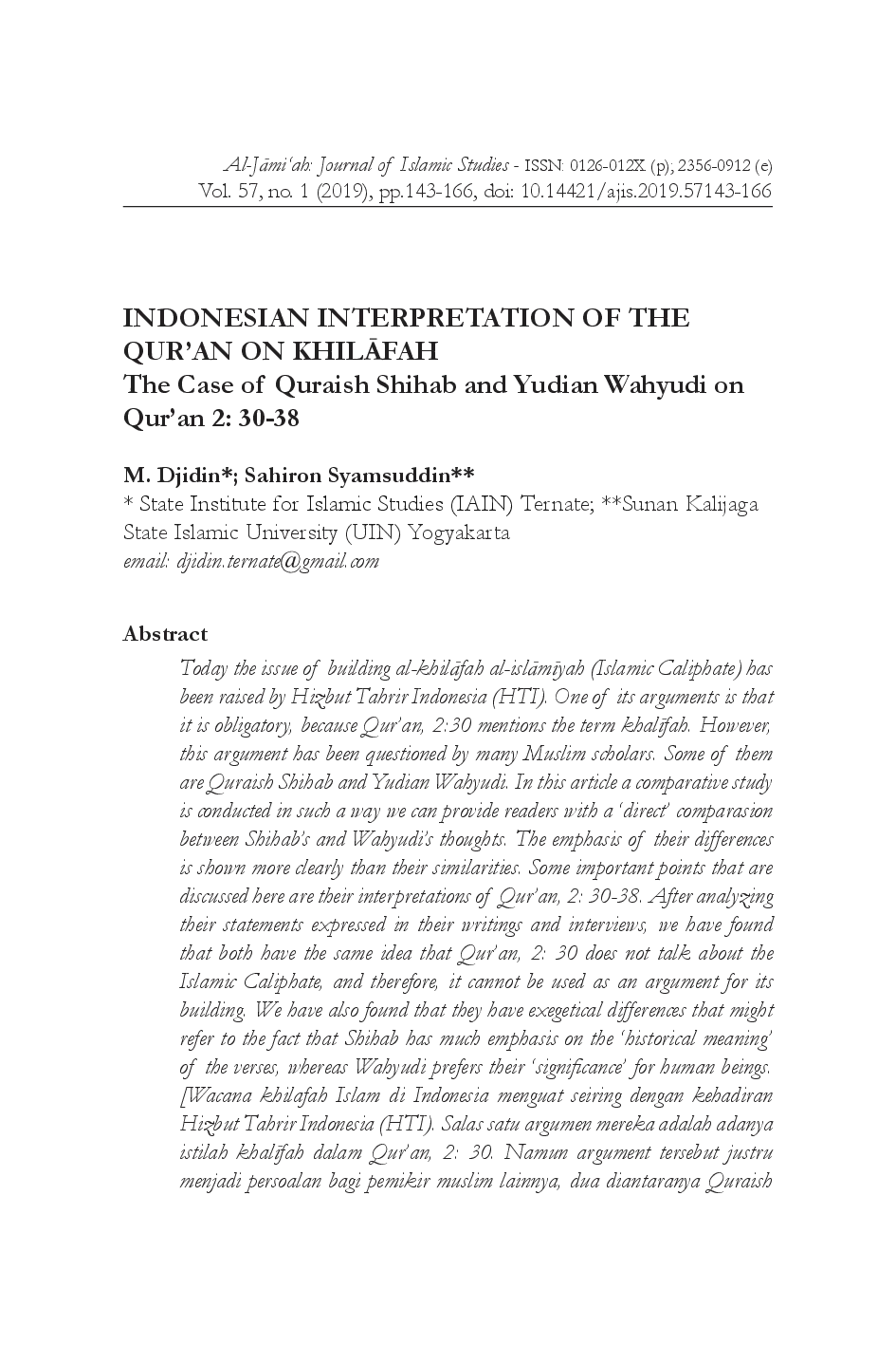 juris Indonesian Interpretation of the Qur an on KhilAfah The Case of Quraish Shihab and Yudian Wahyudi on Qur an 2 30 38